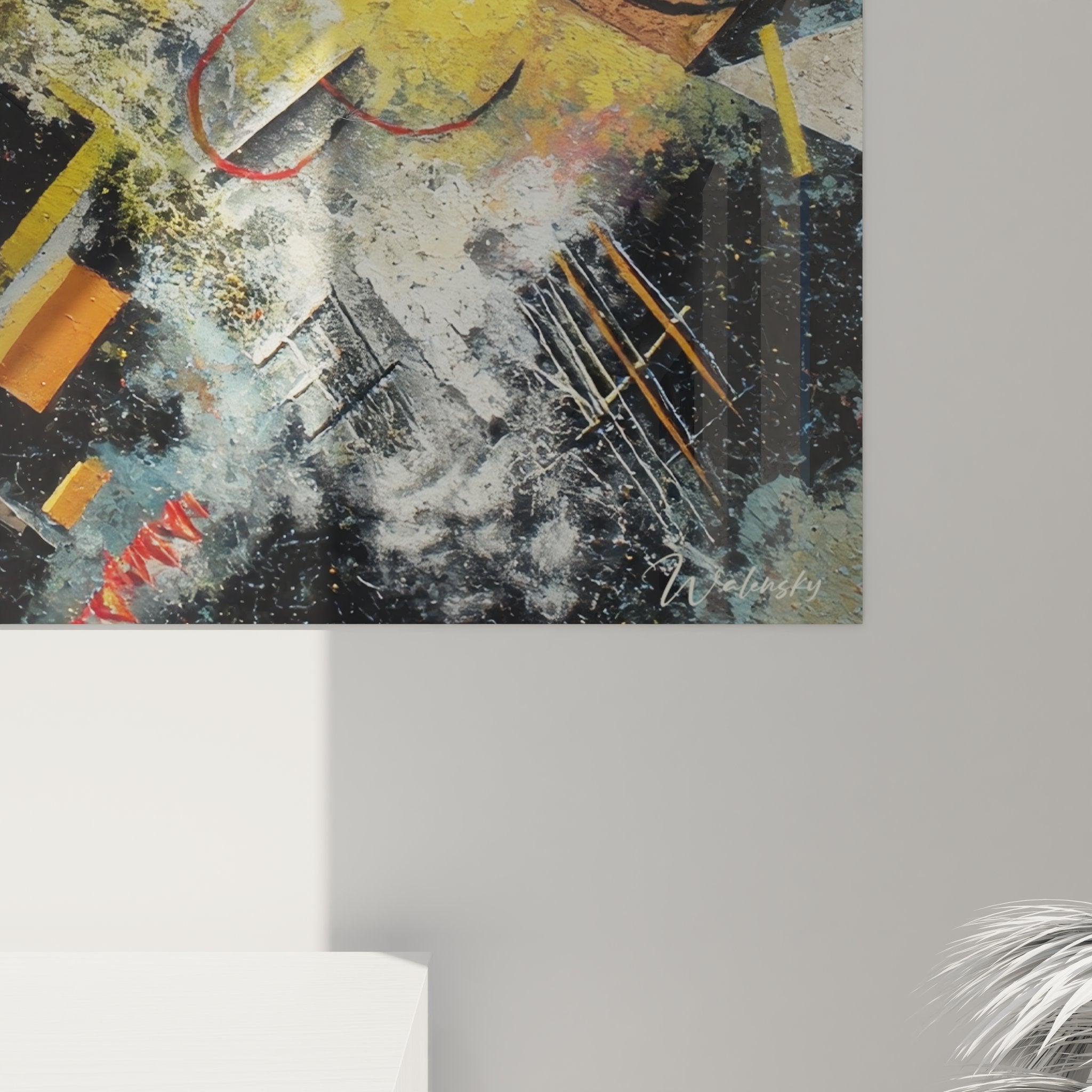 Vue ensemble tableau mural abstrait géométrique composition complète formes colorées art contemporain