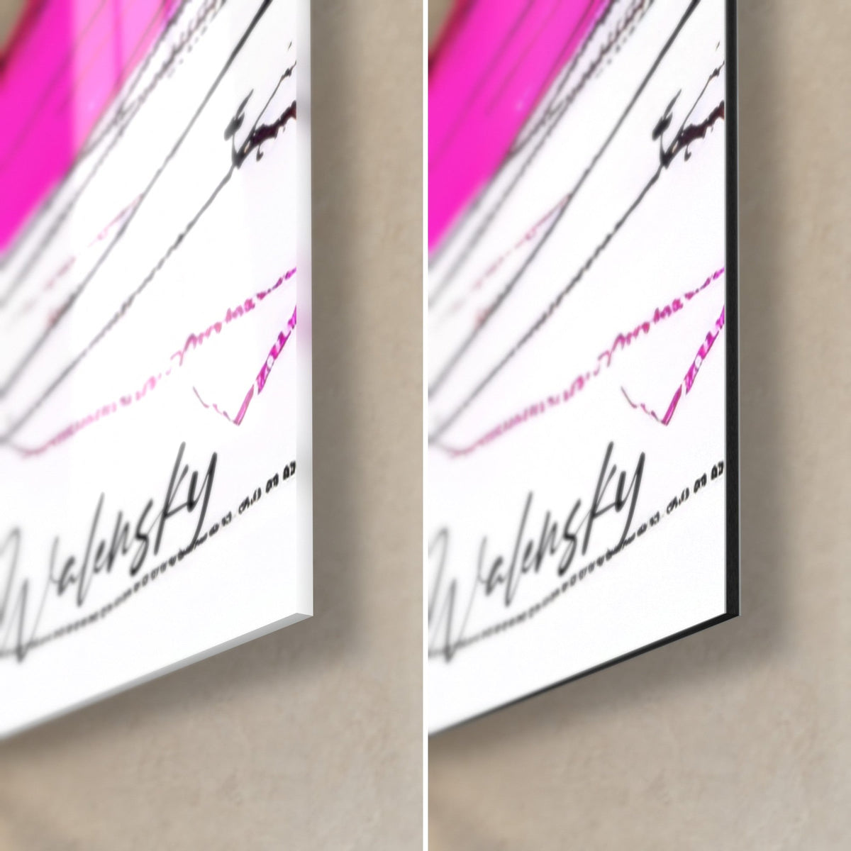 Wall art abstract drawing in pink fuchsia and black, bottom right corner: glossy acrylic glass on the left, matte Dibond aluminium on the right, 3 mm edge
