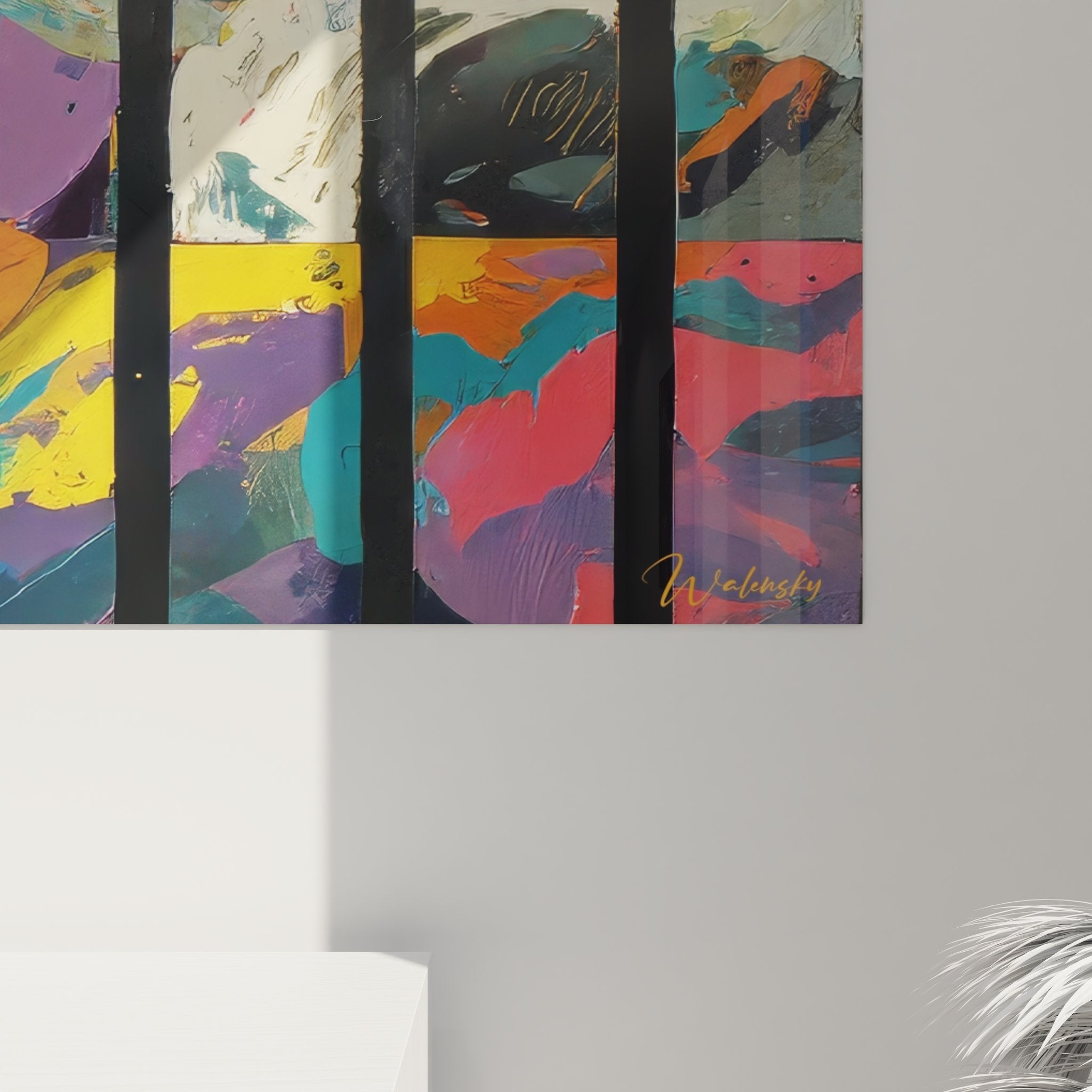 Vue ensemble tableau mural abstrait géométrique barres verticales décoration murale contemporaine