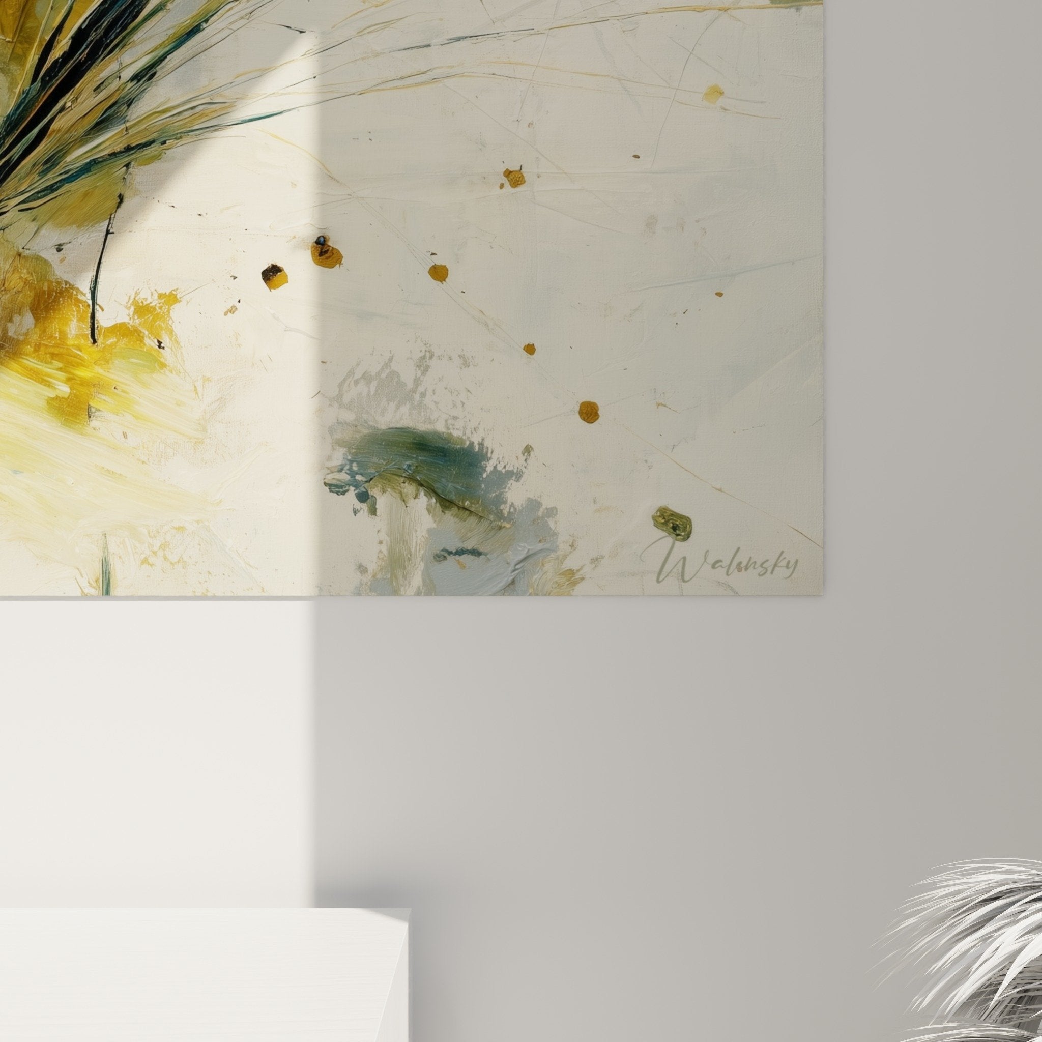 Vue ensemble tableau mural abstrait explosion vegetale beige ocre decoration interieur moderne