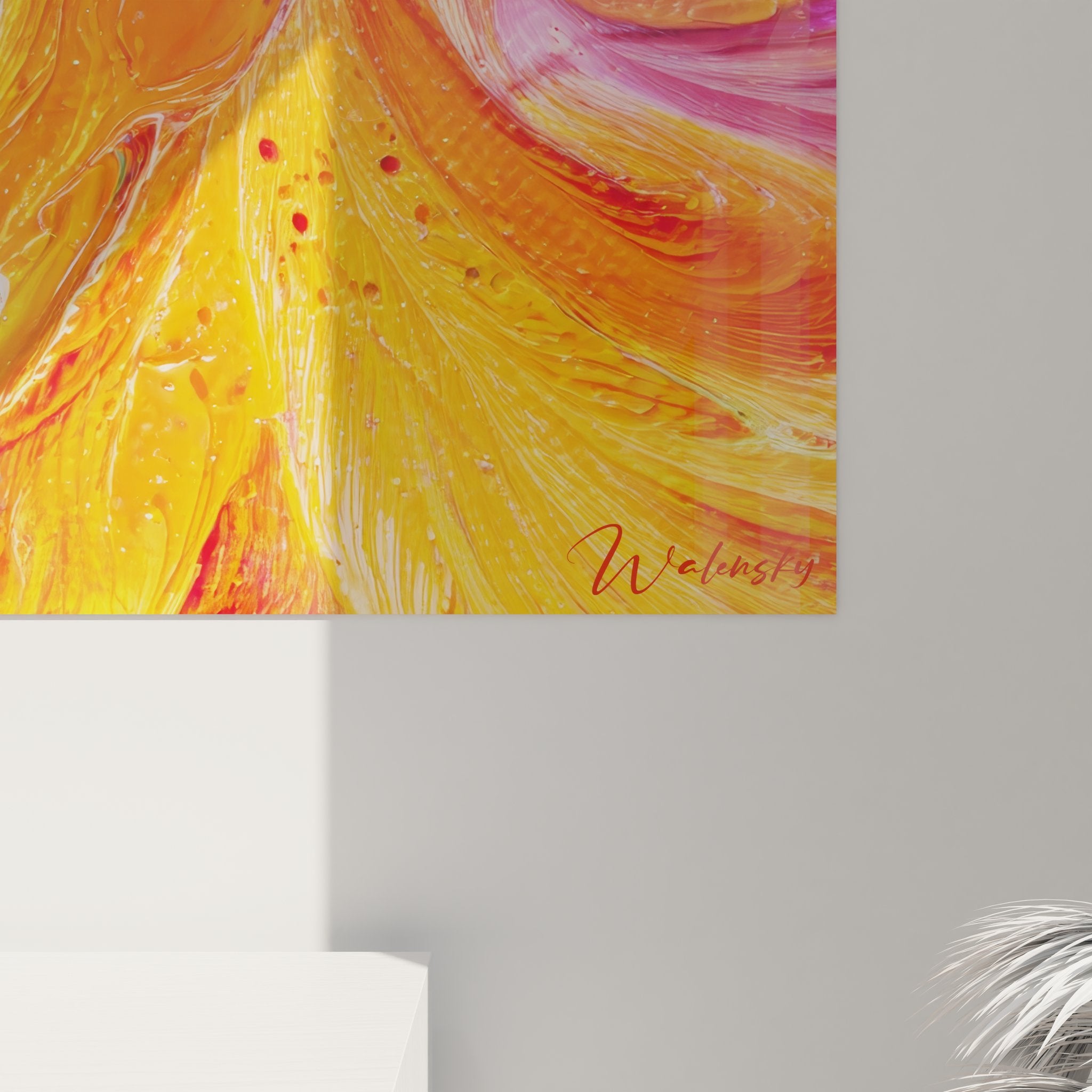 Vue ensemble tableau mural abstrait explosion couleurs décoration intérieure moderne