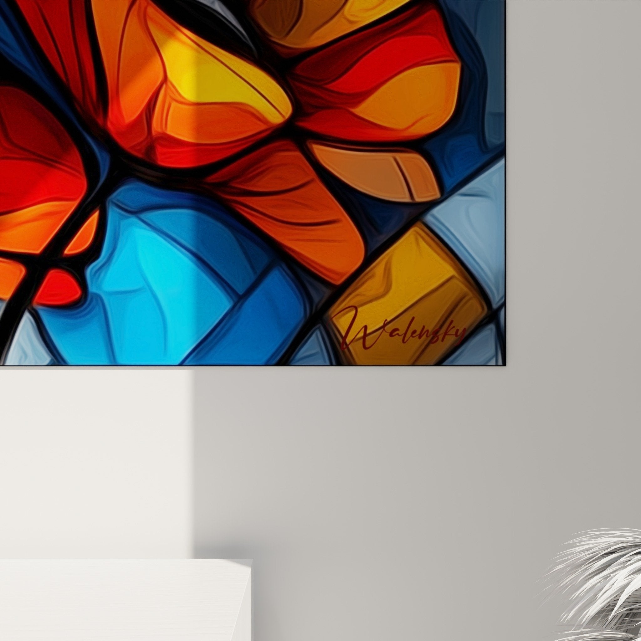 Gesamtansicht abstraktes Wandbild mit lebhaften Farben moderne Inneneinrichtung Wohnzimmer