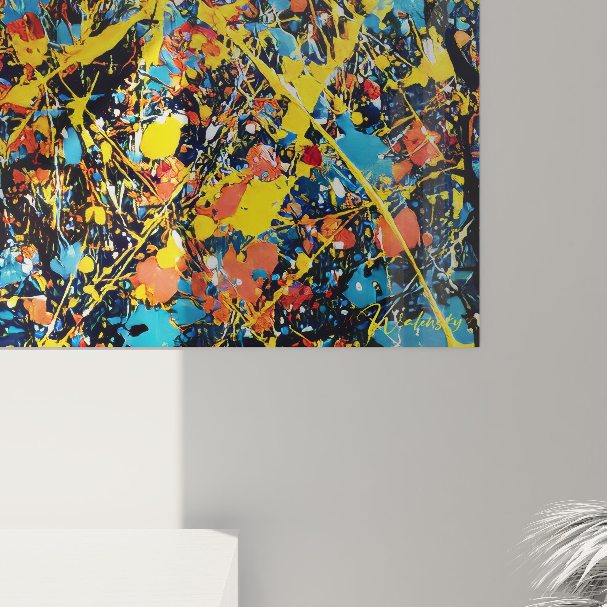 Vue ensemble tableau mural abstrait éclaboussures multicolores décoration contemporaine art moderne