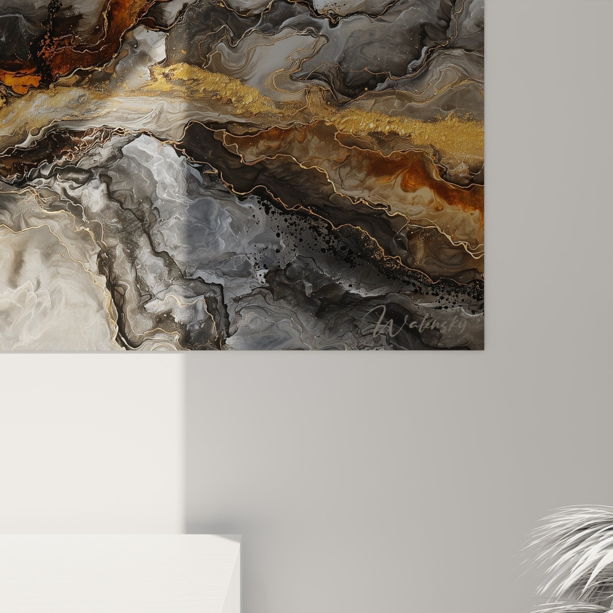 Abstract wall art panoramic view, grey and gold tones, widescreen format for contemporary living room