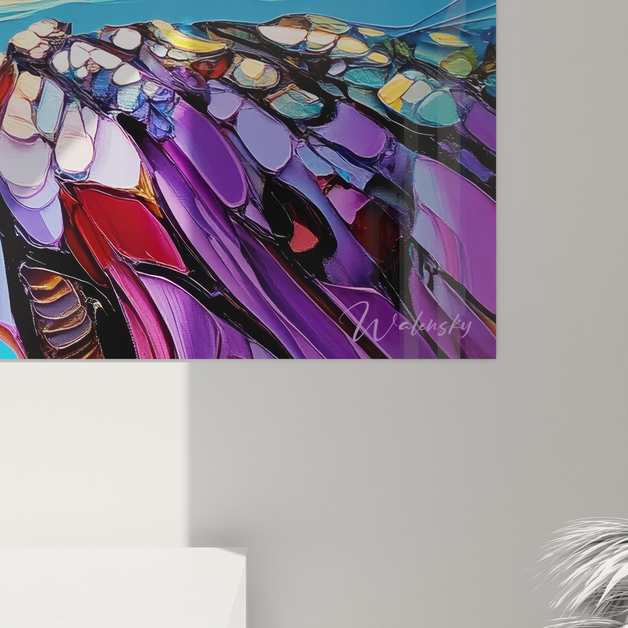 Vue ensemble tableau mural abstrait coucher soleil décoration murale moderne art coloré salon