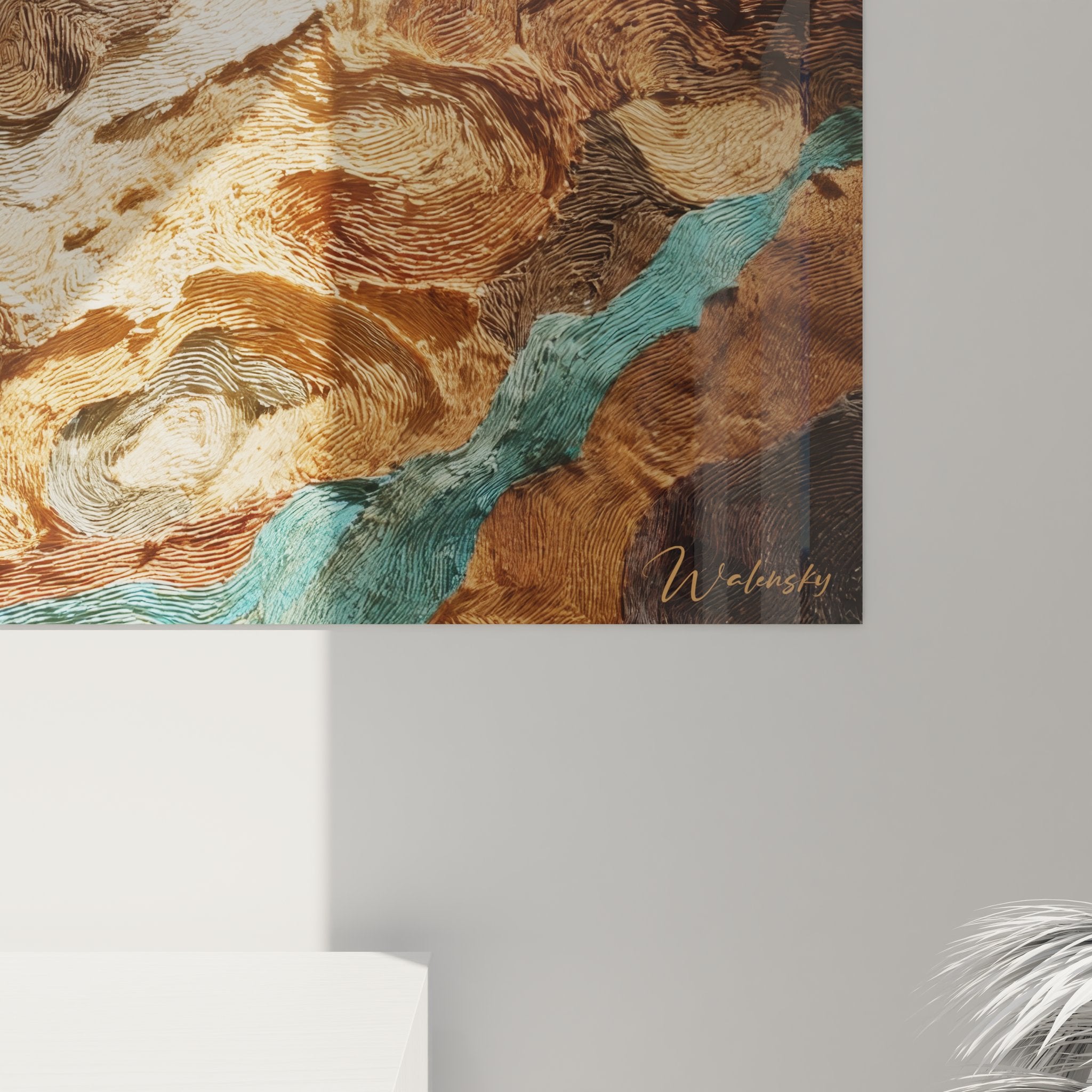 Vue ensemble tableau mural abstrait vagues océaniques composition horizontale turquoise bronze