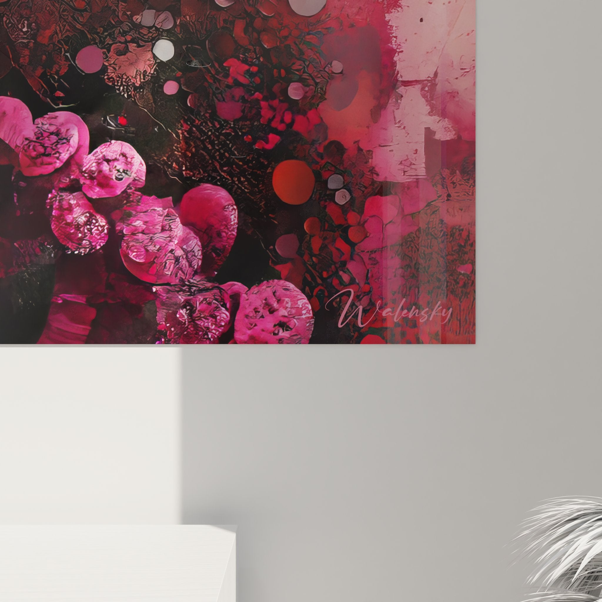Vue ensemble tableau mural ADN abstrait avec hélices génétiques roses sur toile moderne