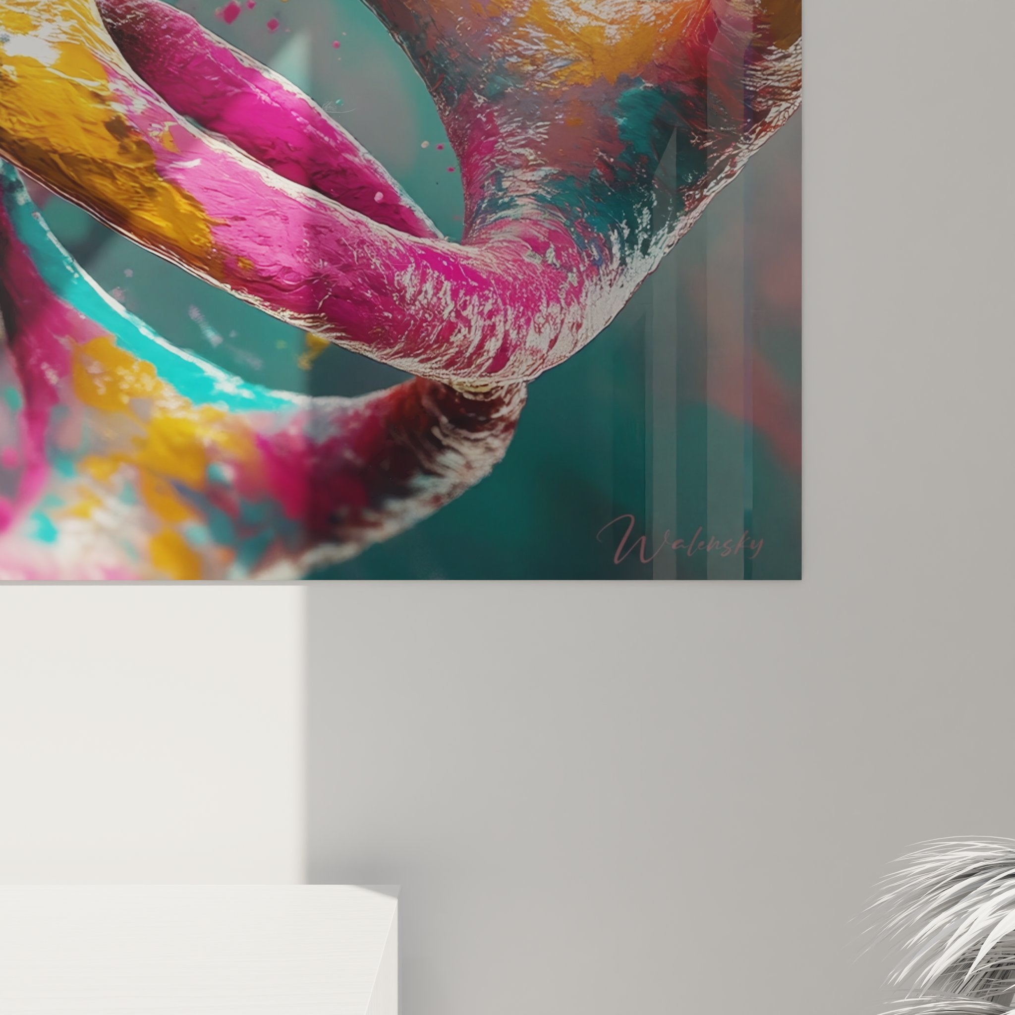 Vue ensemble tableau mural ADN double hélice génétique multicolore décoration intérieure art contemporain