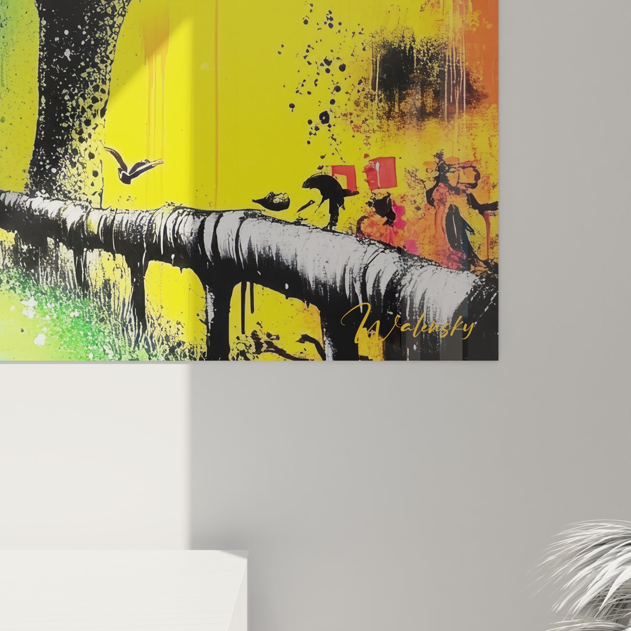 Vue d'ensemble tableau mural arbre explosion couleurs dans décoration intérieure moderne