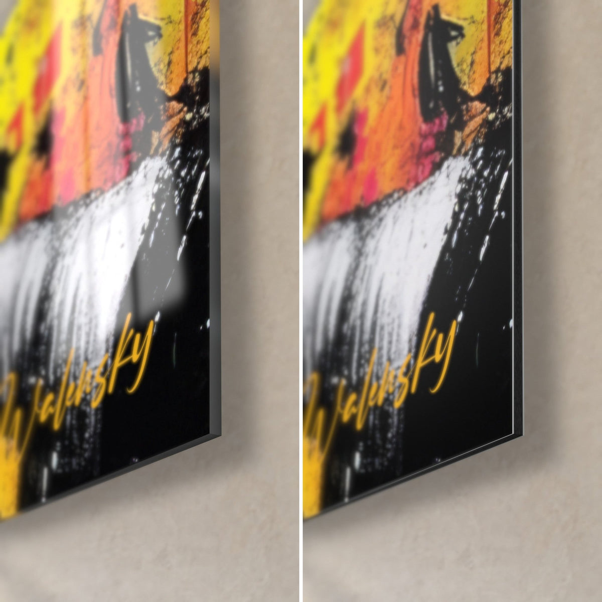 Wall art splattered black trunk, bottom right corner: glossy acrylic glass on the left, matte Dibond aluminum on the right, vivid yellow, 3 mm edge