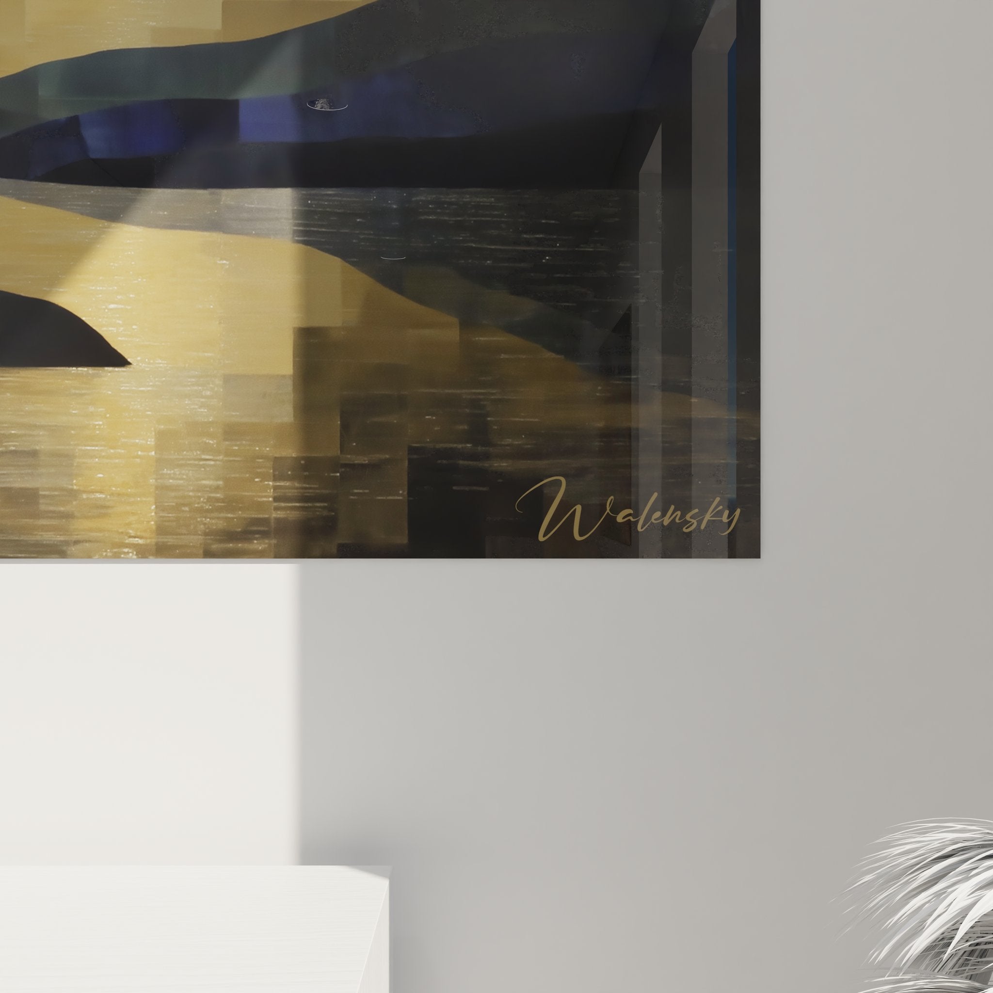 Vue ensemble tableau mural paysage archipel géométrique moderne accroché mur blanc décoration contemporaine