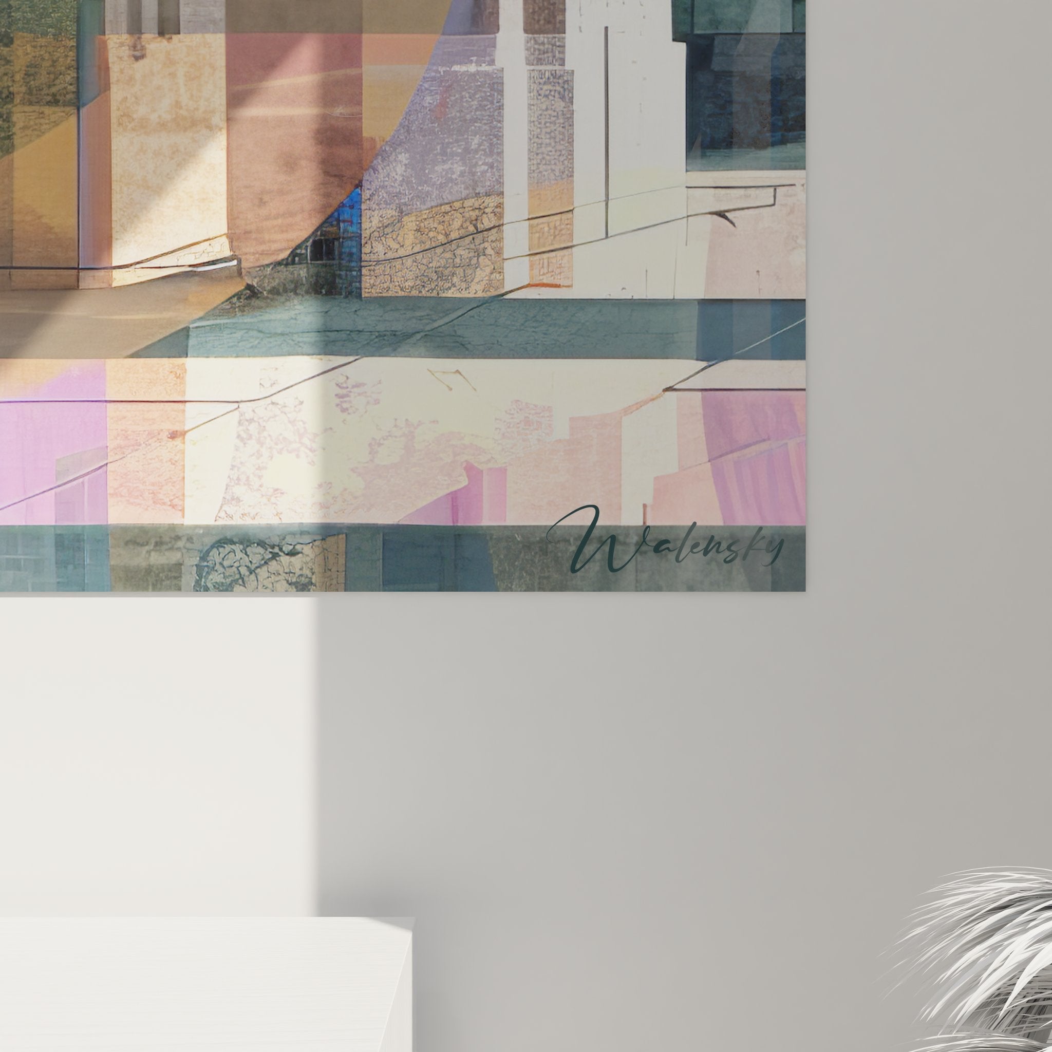 Vue ensemble tableau mural architecture contemporaine abstraite avec éléments géométriques et palette moderne