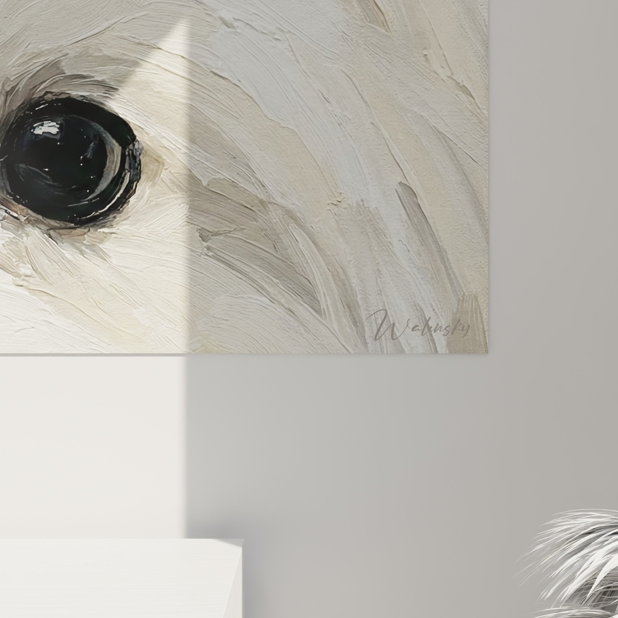 Vue d'ensemble tableau mural Bichon Maltais regard attendrissant décoration murale épurée