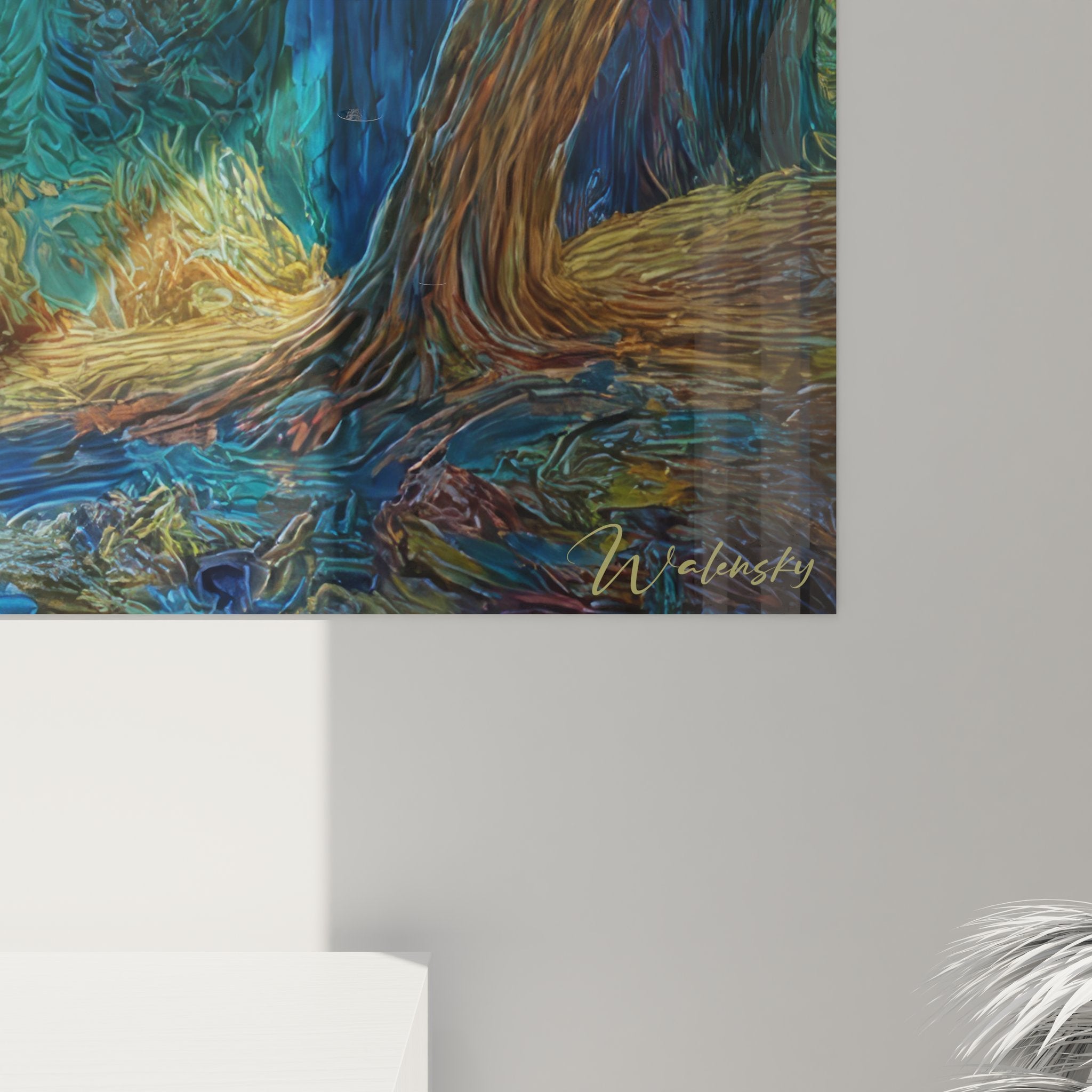 Vue ensemble tableau mural nature forêt dorée dans intérieur moderne épuré