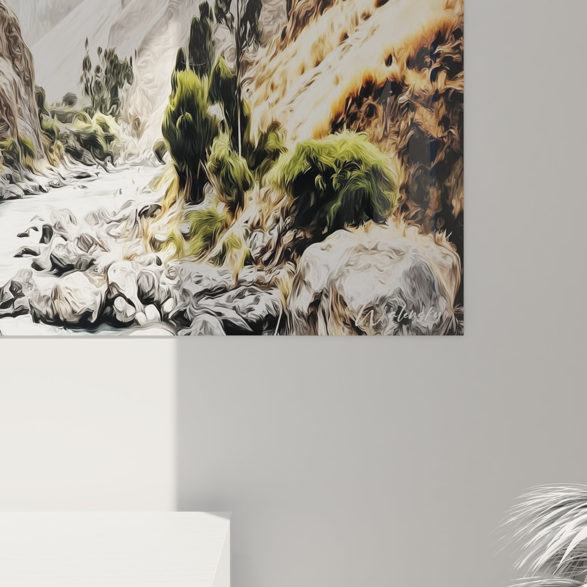 Vue d'ensemble tableau mural canyon dans intérieur moderne montrant impact décoratif global