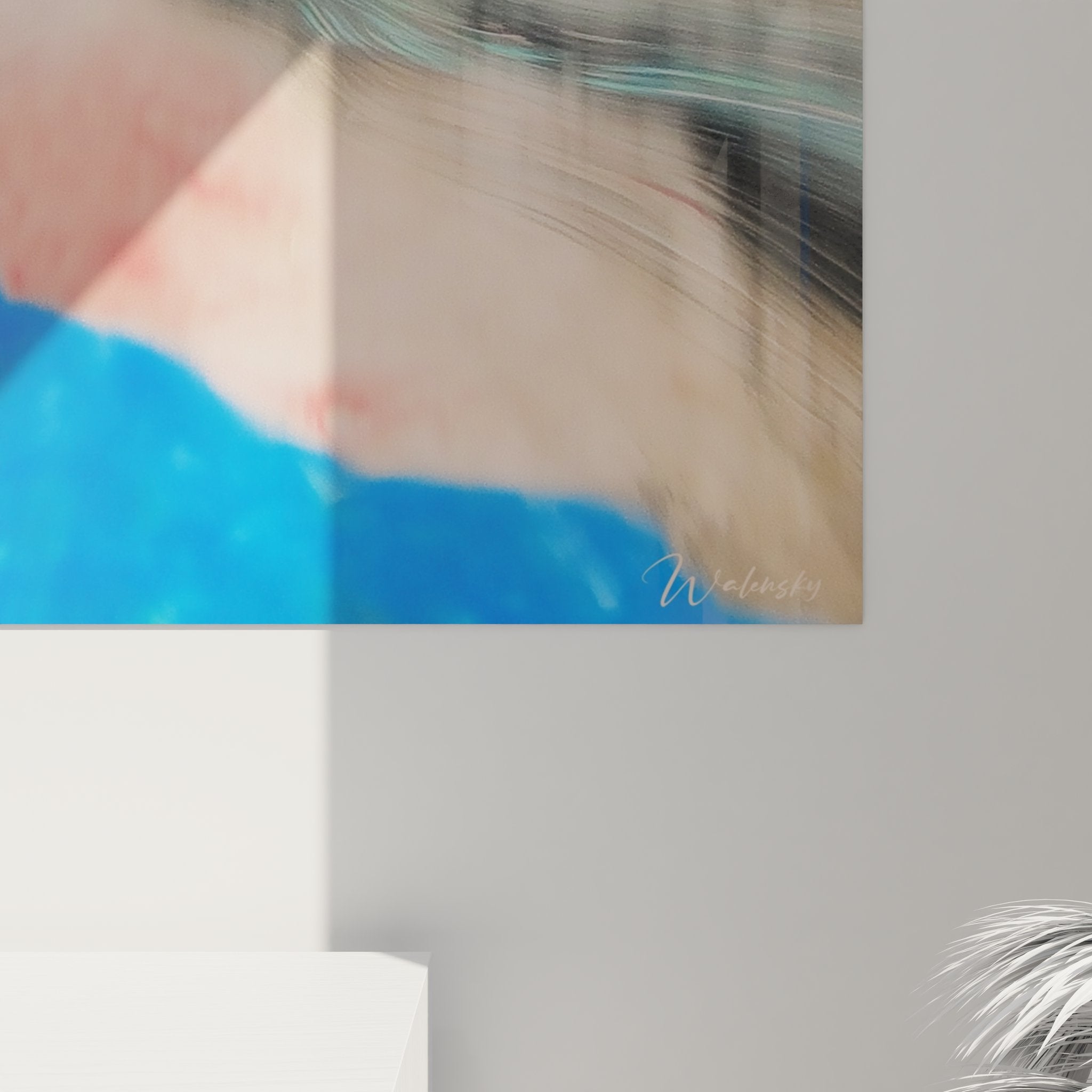 Vue ensemble tableau mural canyon reflets turquoise dans décoration intérieure moderne