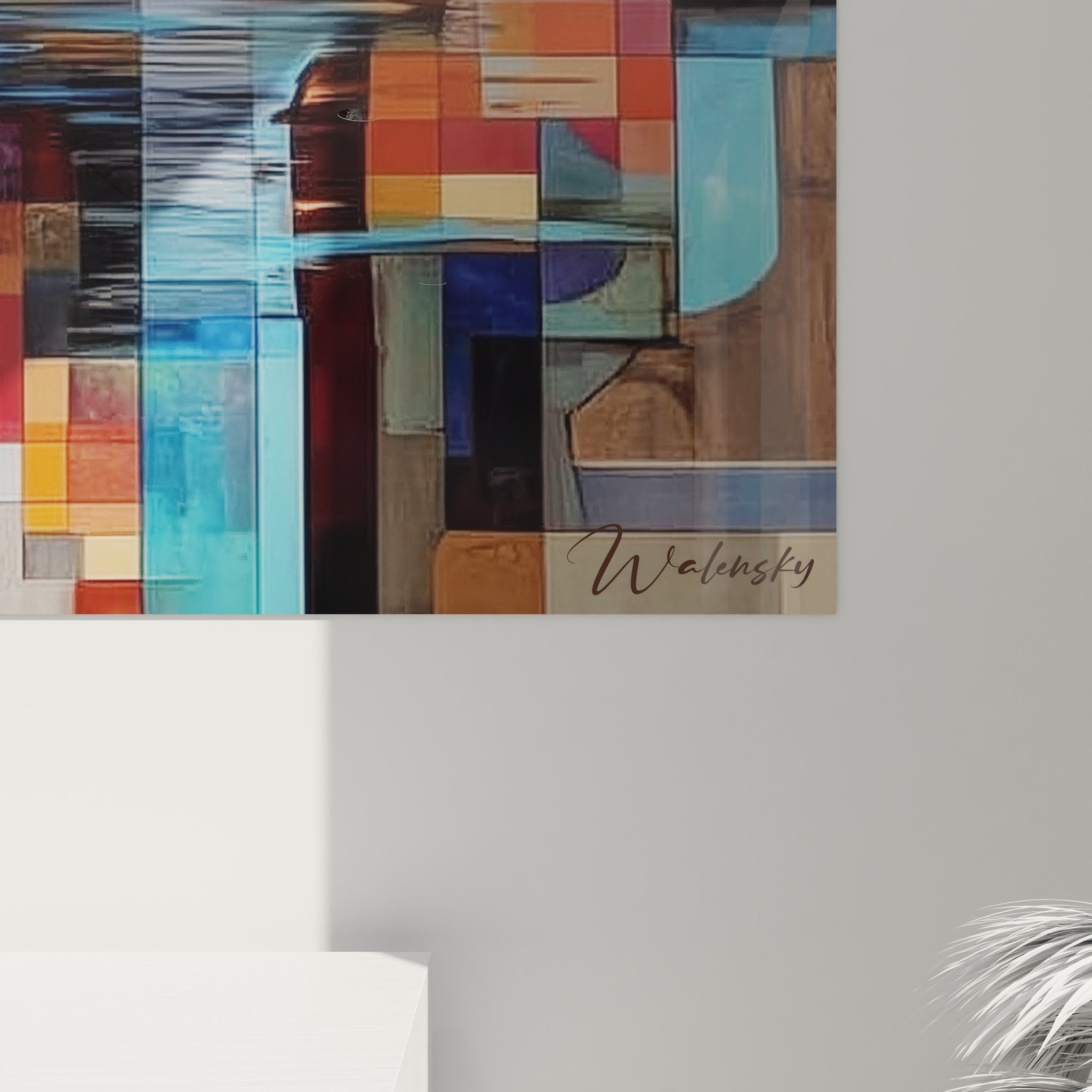 Vue ensemble tableau mural cascade abstraite géométrique - art moderne décoratif pour intérieur