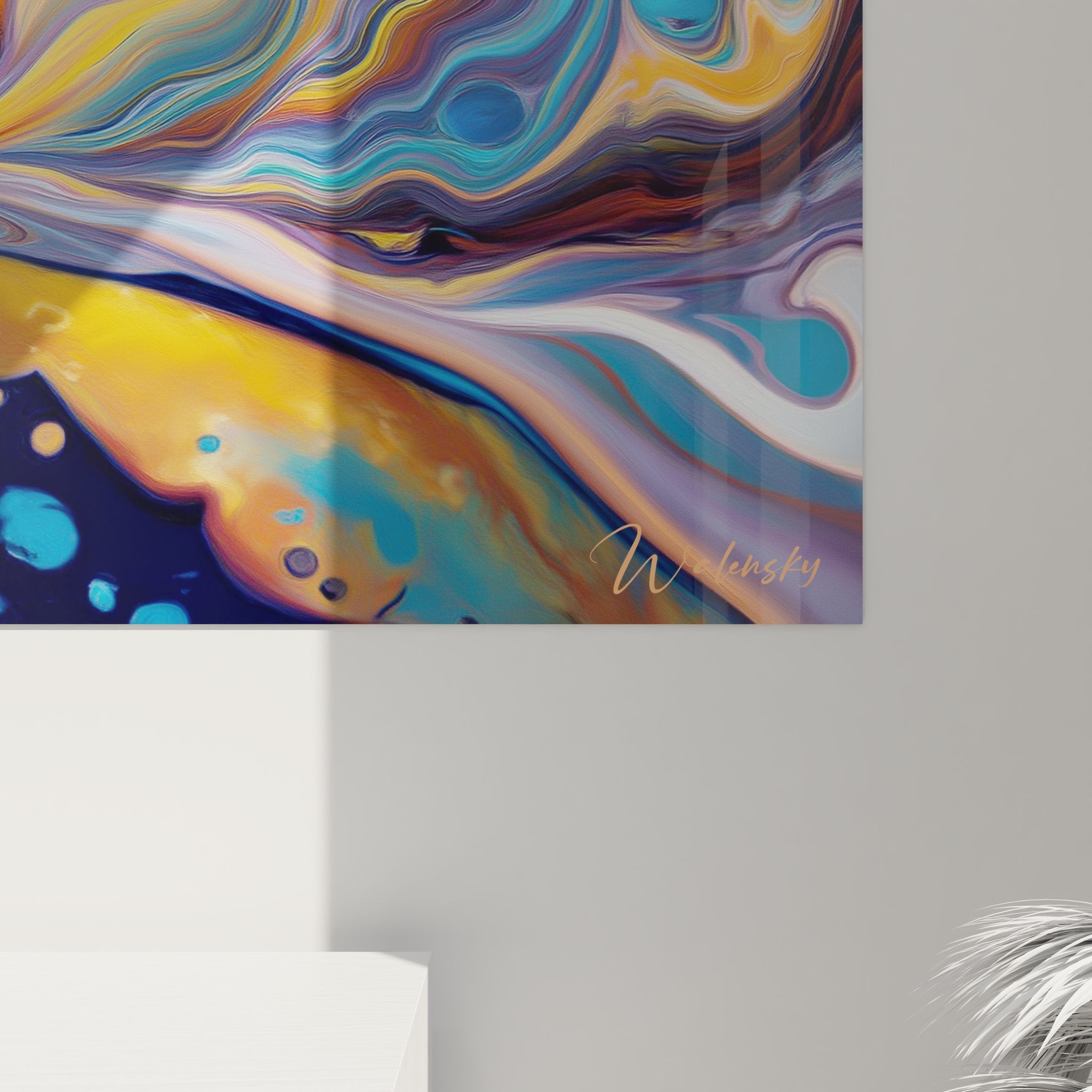 Vue d'ensemble tableau mural cascade abstraite dans intérieur design contemporain