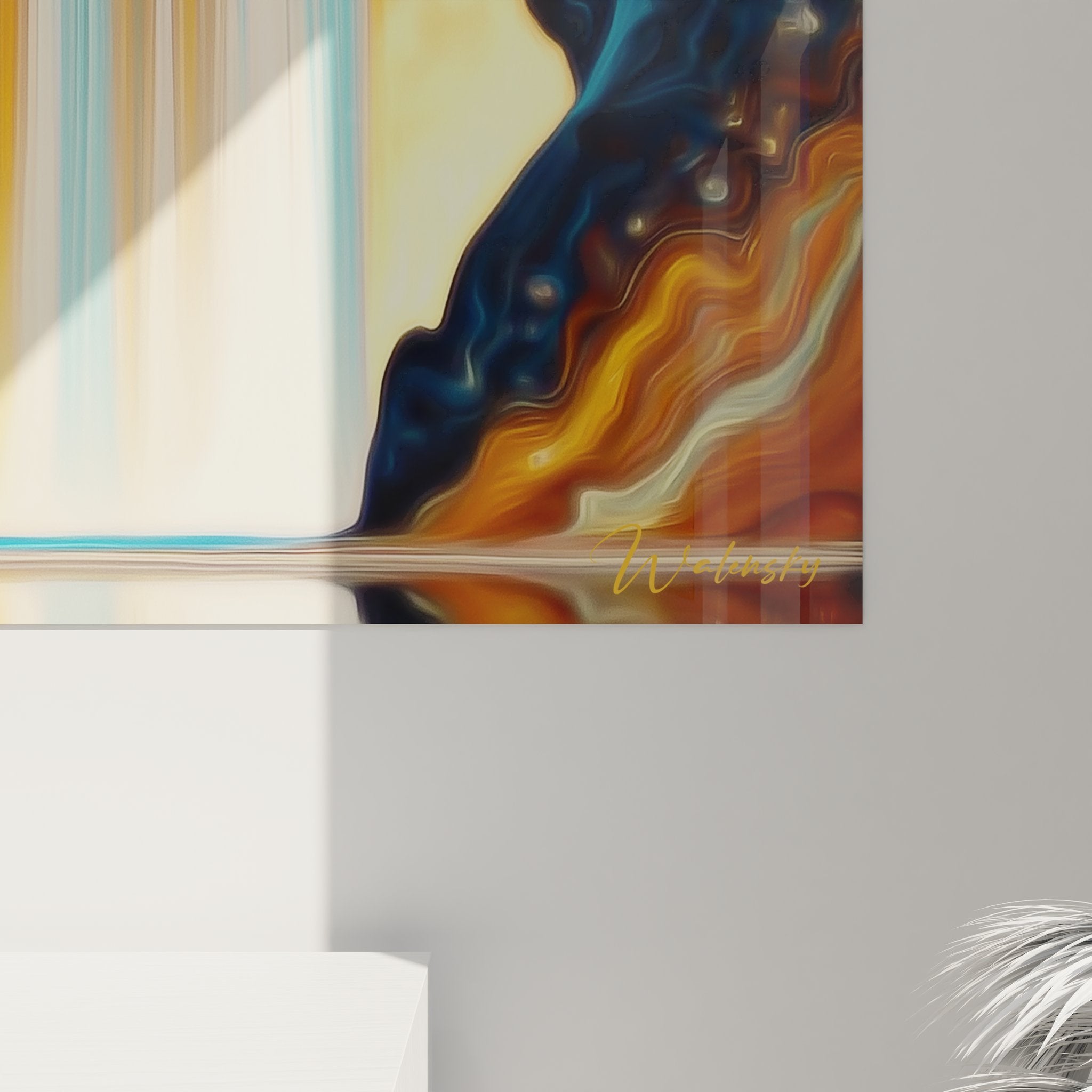 Vue d'ensemble du tableau mural cascade abstraite avec ses couleurs fluides contrastées