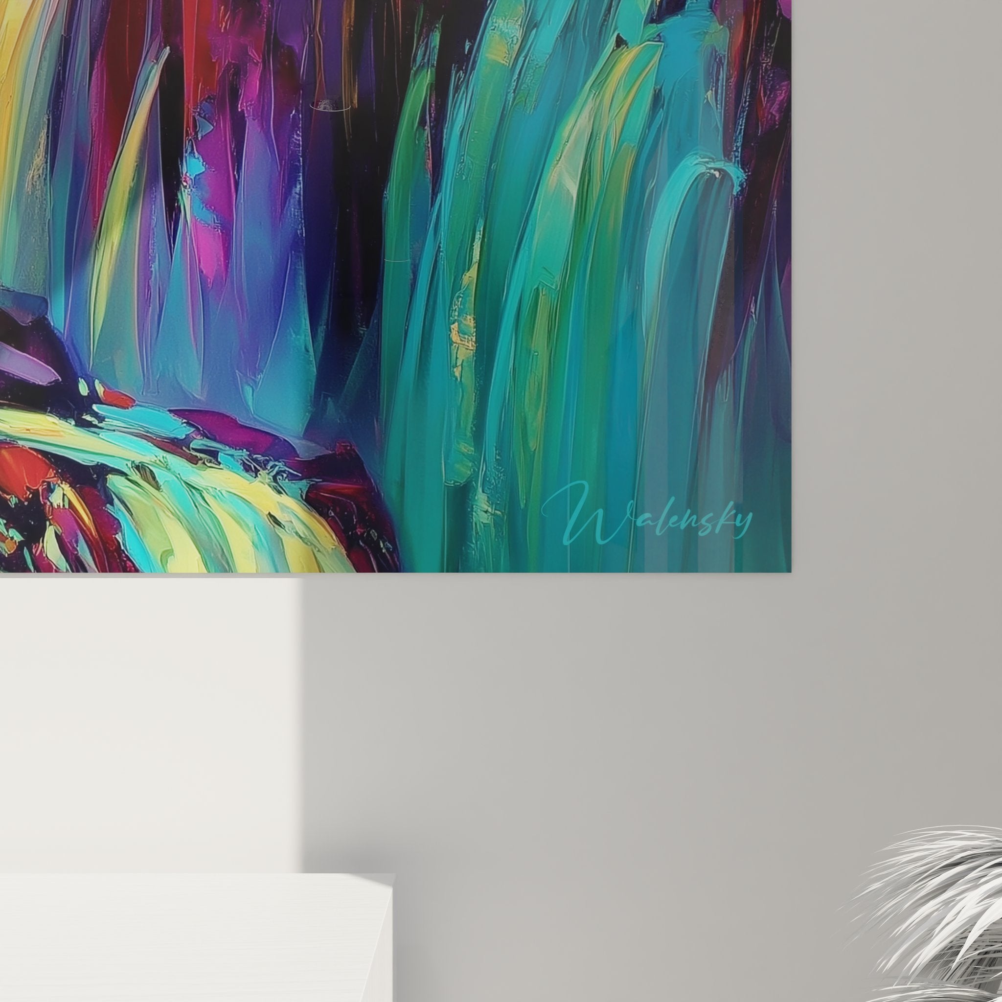 Vue d'ensemble tableau mural cascade colorée, œuvre d'art moderne aux couleurs psychédéliques