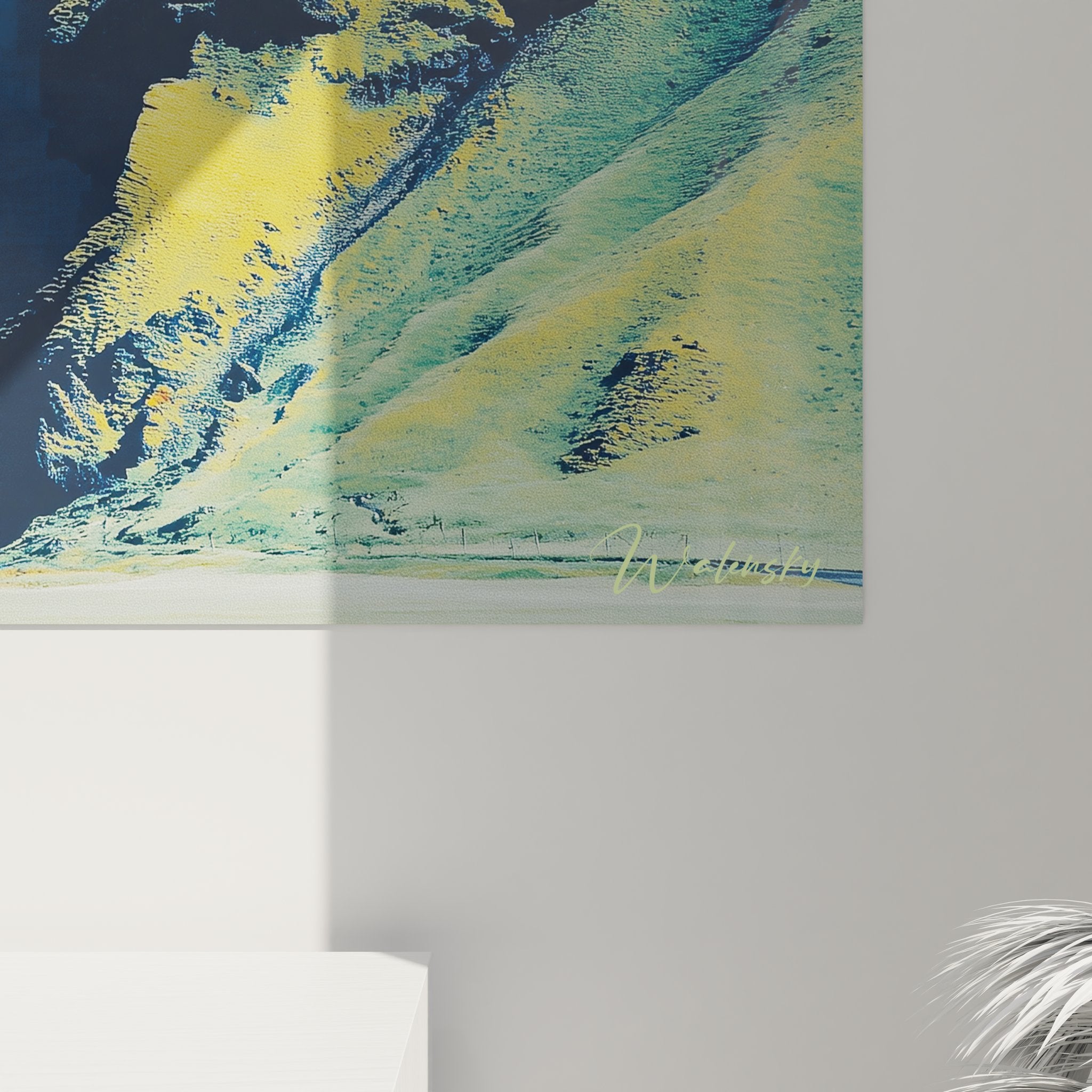 Gesamtansicht Wandbild surrealistischer Wasserfall farbenfrohe zeitgenössische Kunstwanddeko