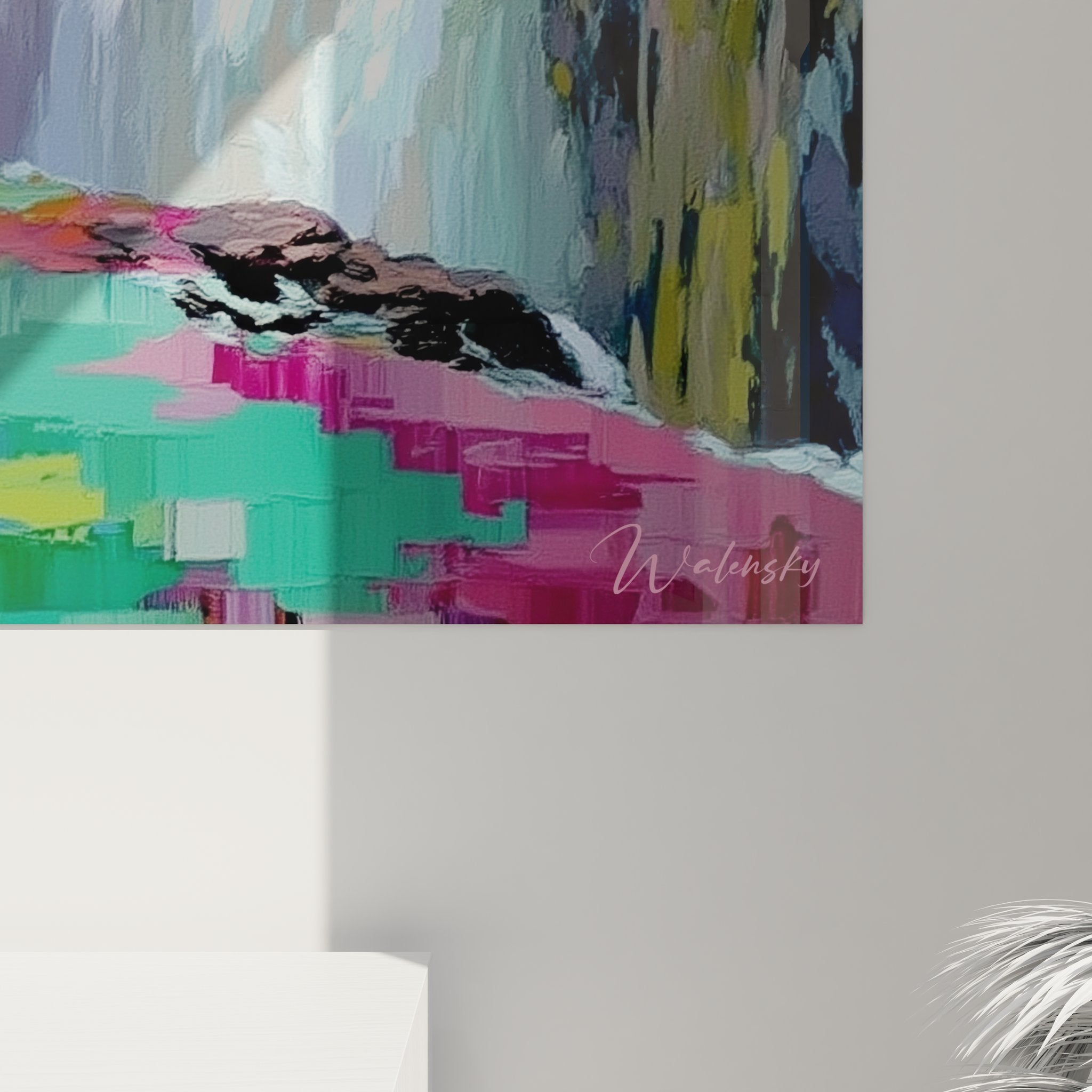 Vue d'ensemble tableau mural cascade tropicale avec palette couleurs coucher soleil