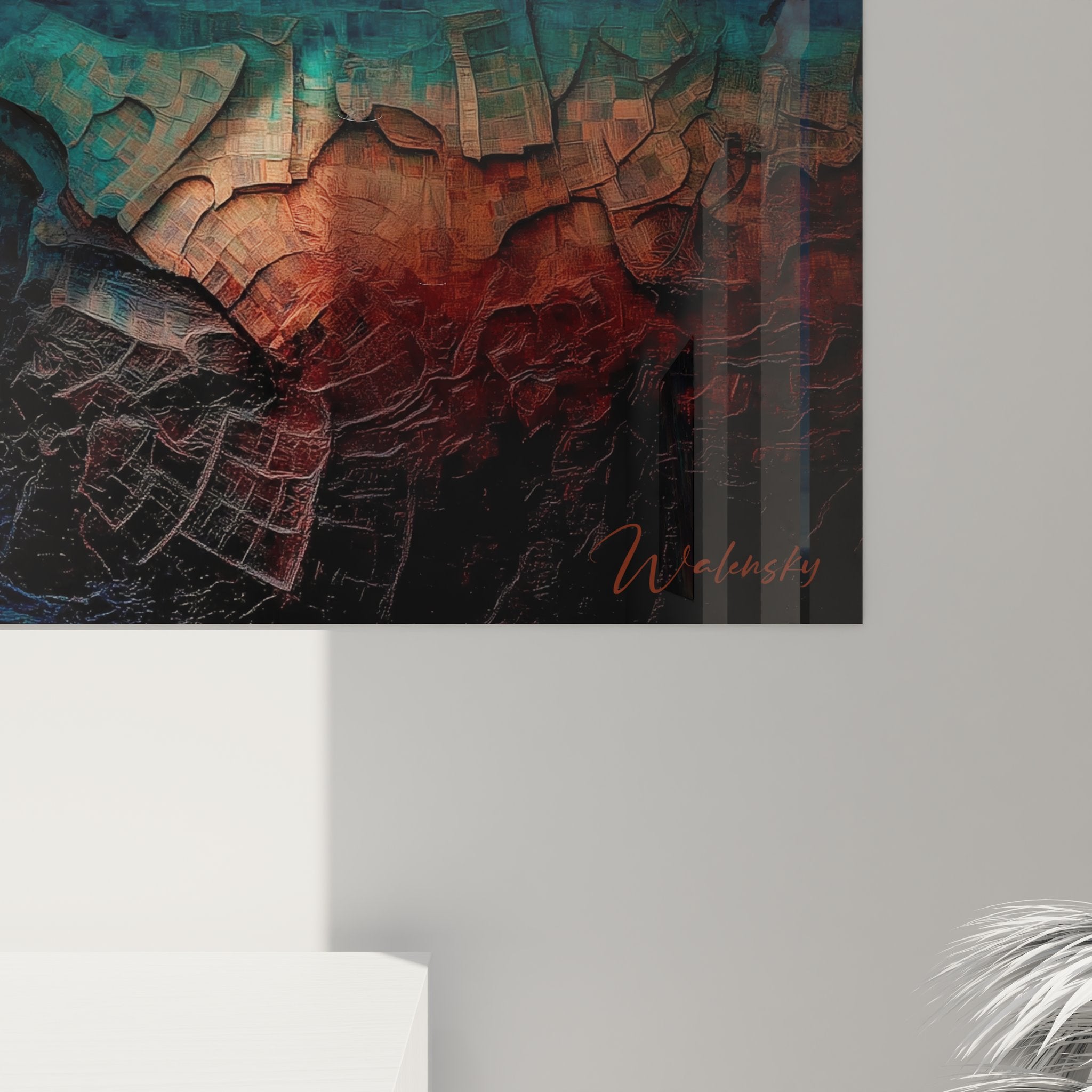 Vue ensemble tableau mural cascade moderne, œuvre abstraite turquoise pour salon contemporain