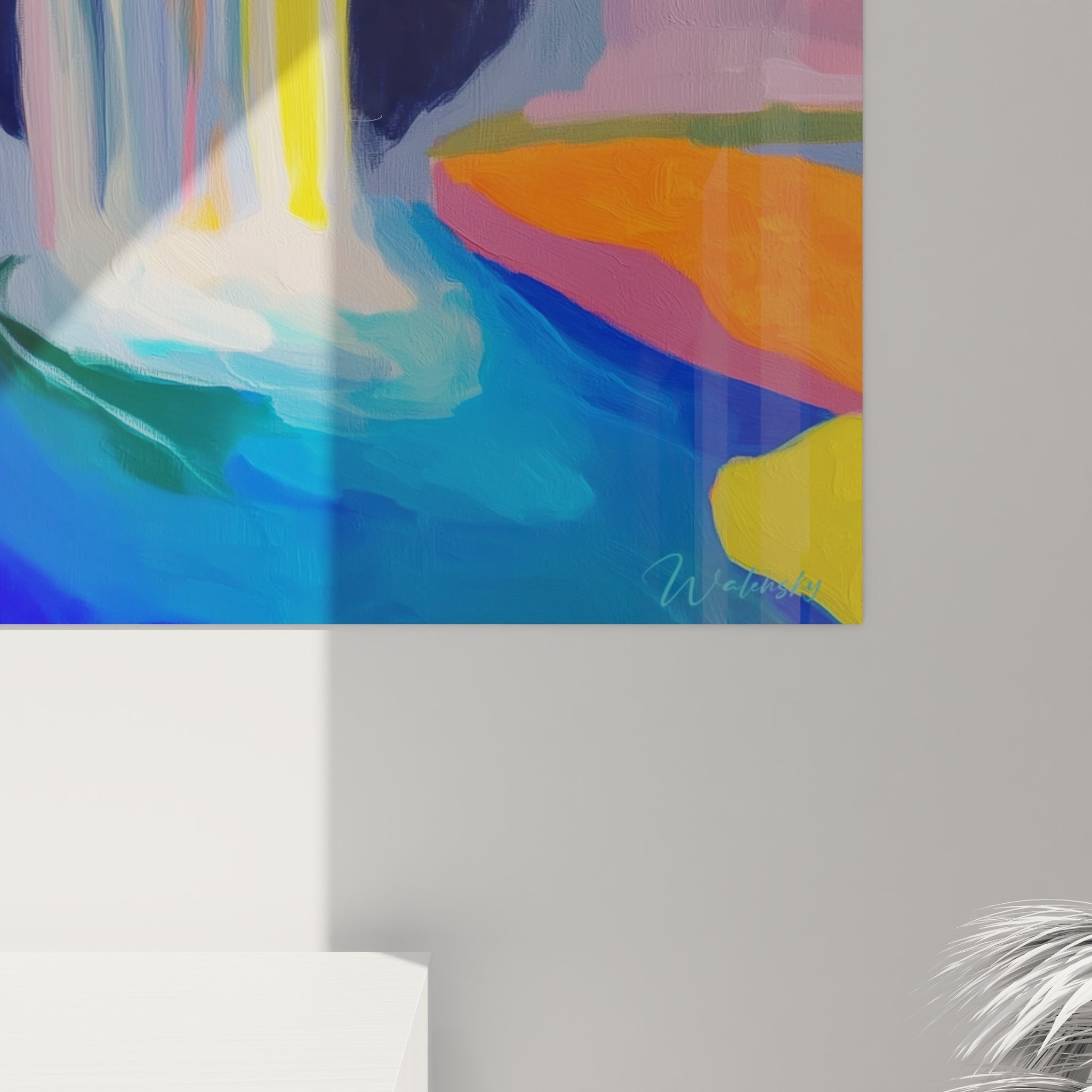 Vue d'ensemble tableau cascade moderne dans intérieur contemporain pour décoration murale