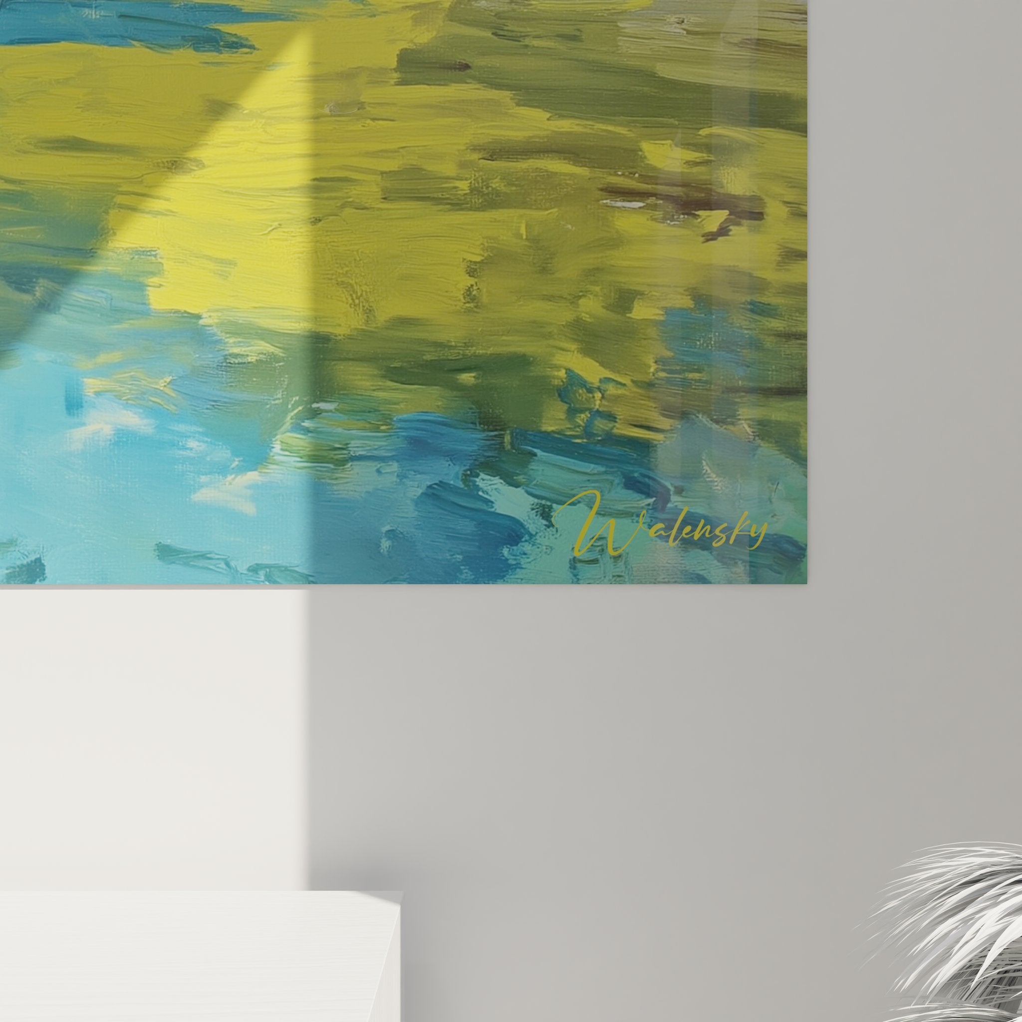 Vue ensemble tableau mural cascade exotique, composition paysage tropical pour décoration intérieure nature