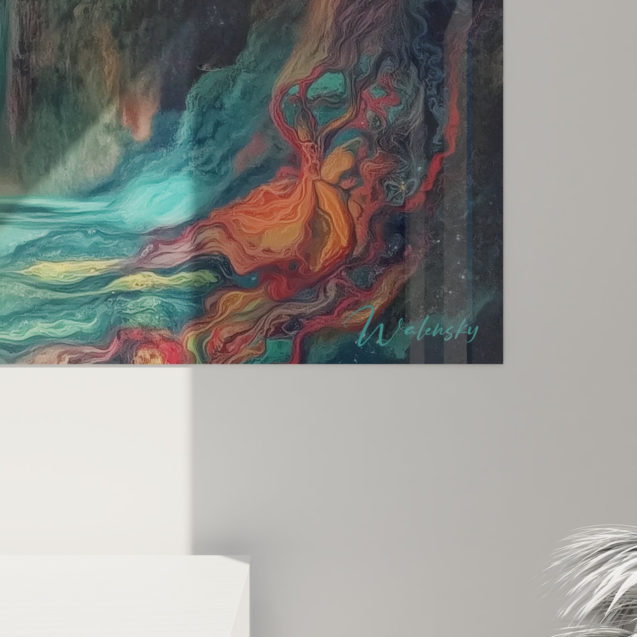 Vue ensemble tableau mural cascade surréaliste dans intérieur moderne avec éclairage ambiant