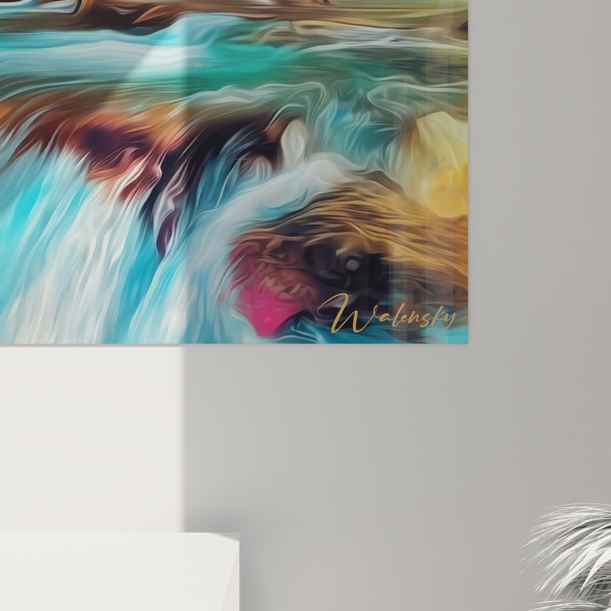 Vue d'ensemble tableau mural cascade stylisée format vertical dans intérieur contemporain