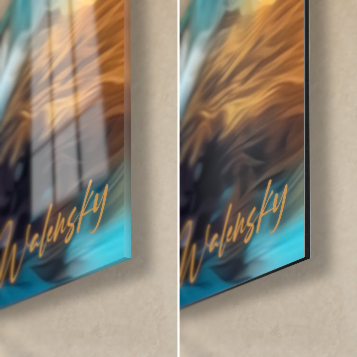 Schilderij gouden klif onder een indigo lucht, rechterhoek onderaan: glanzend acrylglas links, mat Dibond-aluminium rechts, 3 mm rand