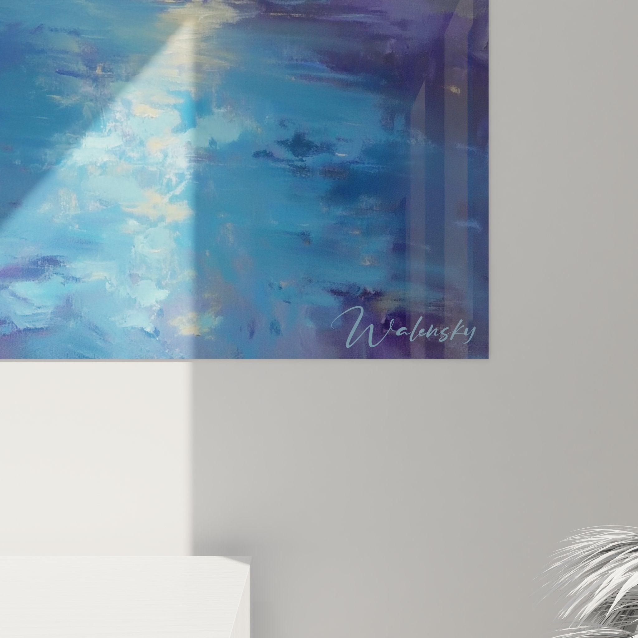 Vue ensemble tableau cascade mural format vertical avec cadre moderne minimaliste