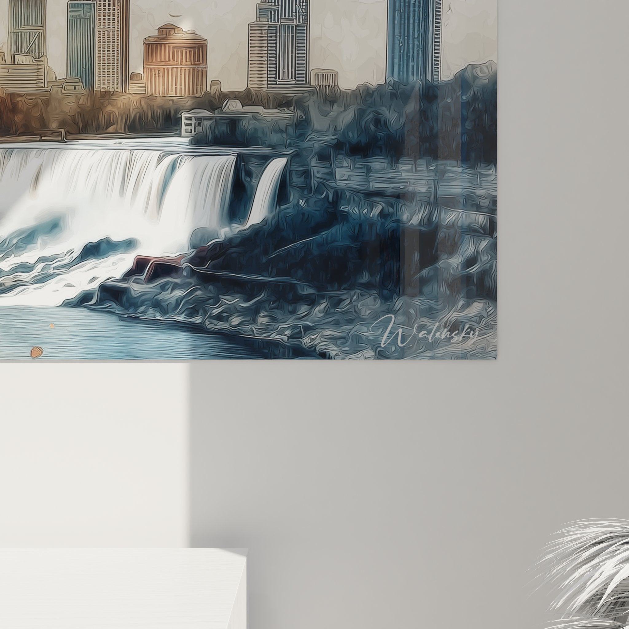 Vue ensemble tableau mural cascade avec éléments géométriques et urbains