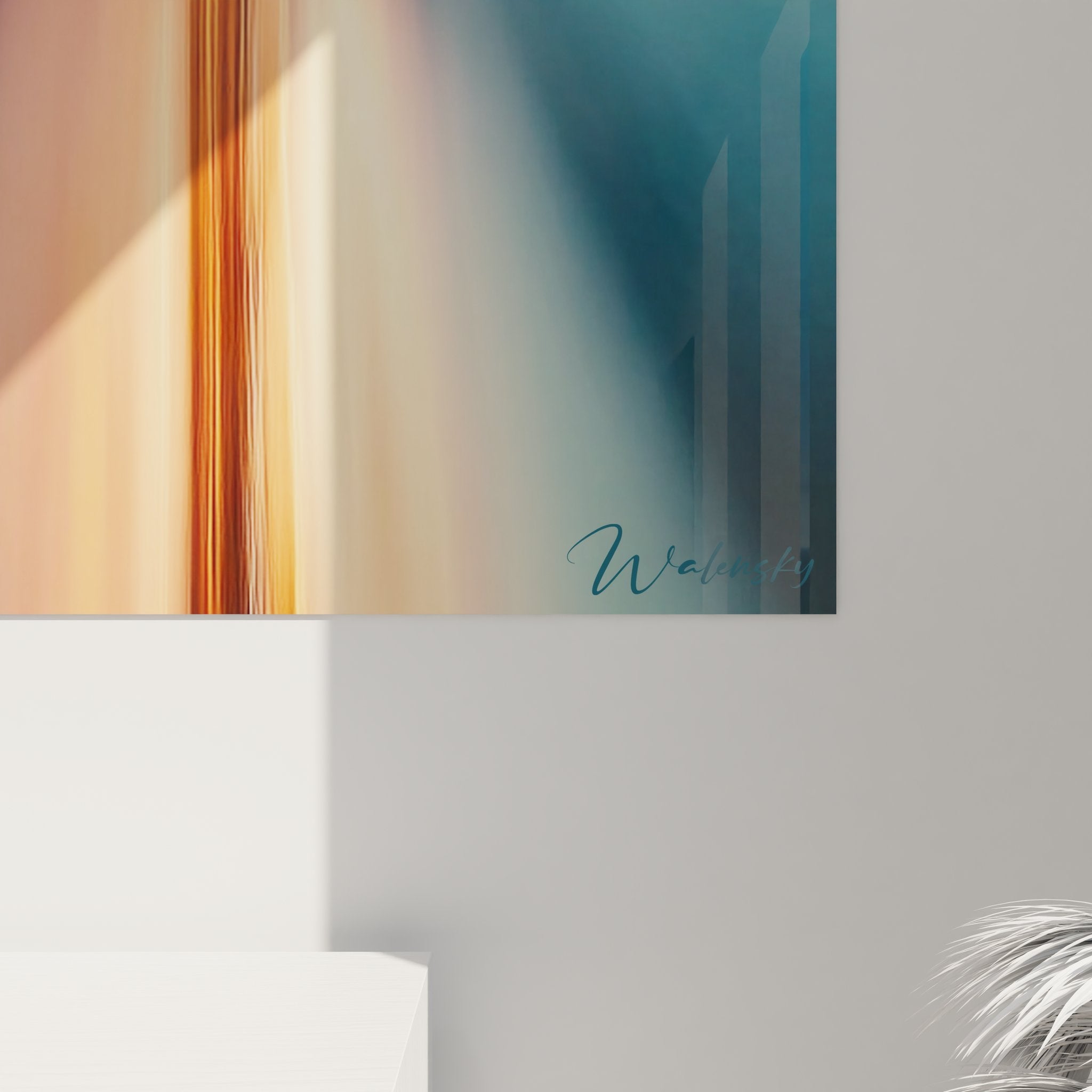 Vue ensemble tableau mural light painting cascade, art contemporain lumineux orange