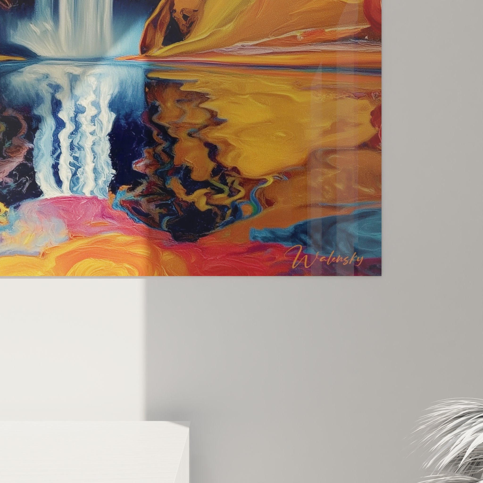 Vue ensemble tableau mural cascade art décoratif moderne paysage aquatique coloré style expressionniste