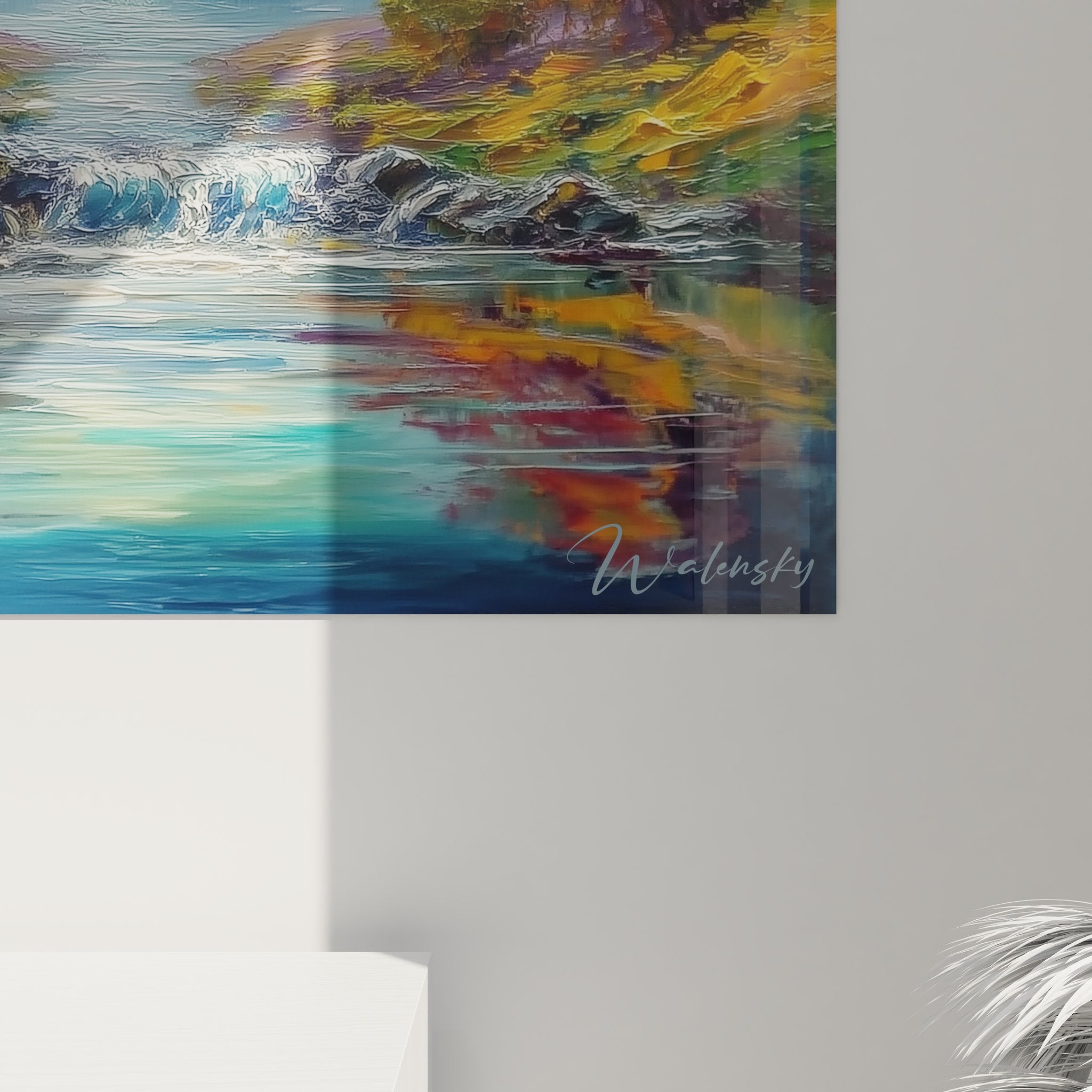 Vue ensemble tableau mural cascade montagne mystique, décoration salon avec paysage fantastique coloré