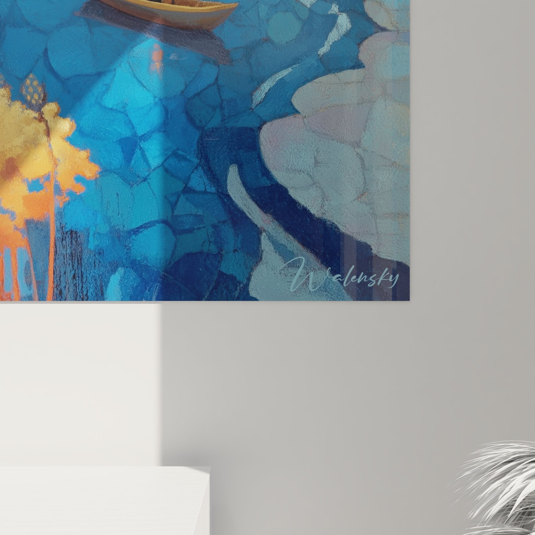 Vue d'ensemble tableau mural cascade abstraite révélant composition complète paysage aquatique