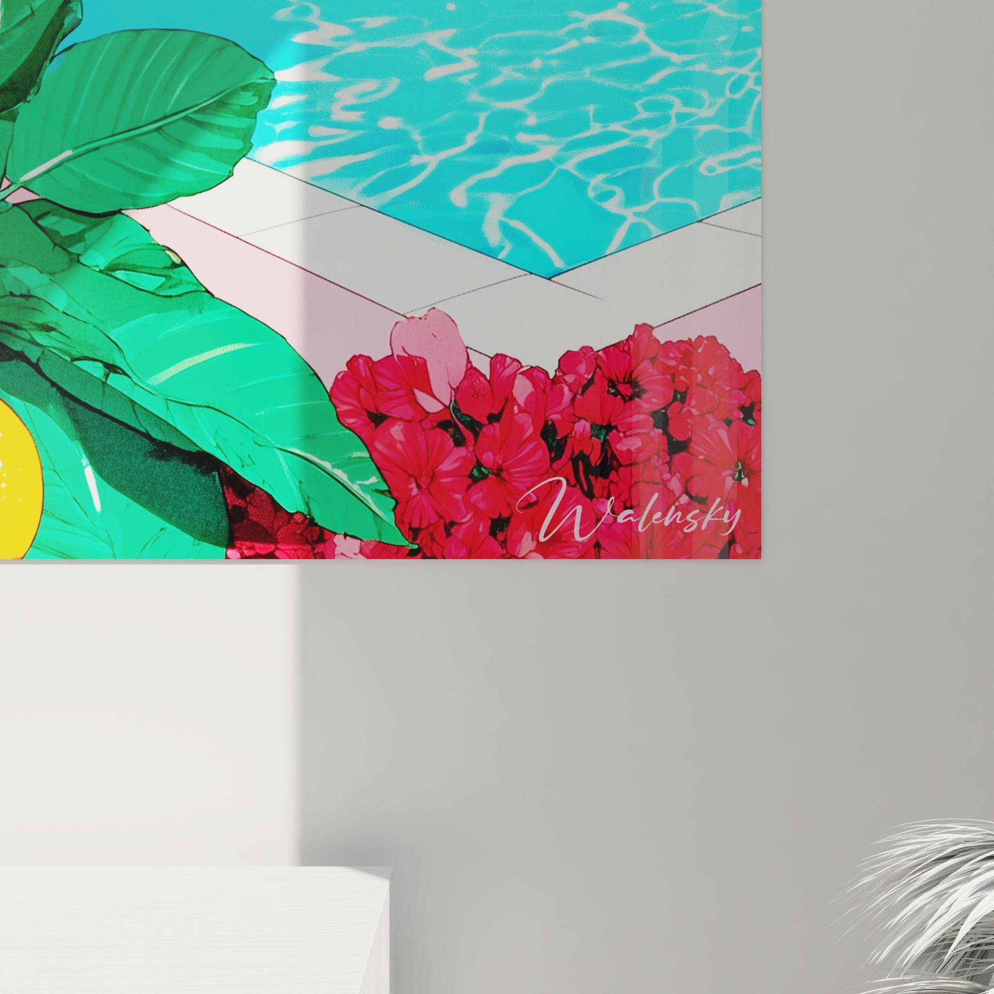 Vue ensemble tableau mural cascade tropicale, œuvre complète piscine paradisiaque et palmiers décoratifs