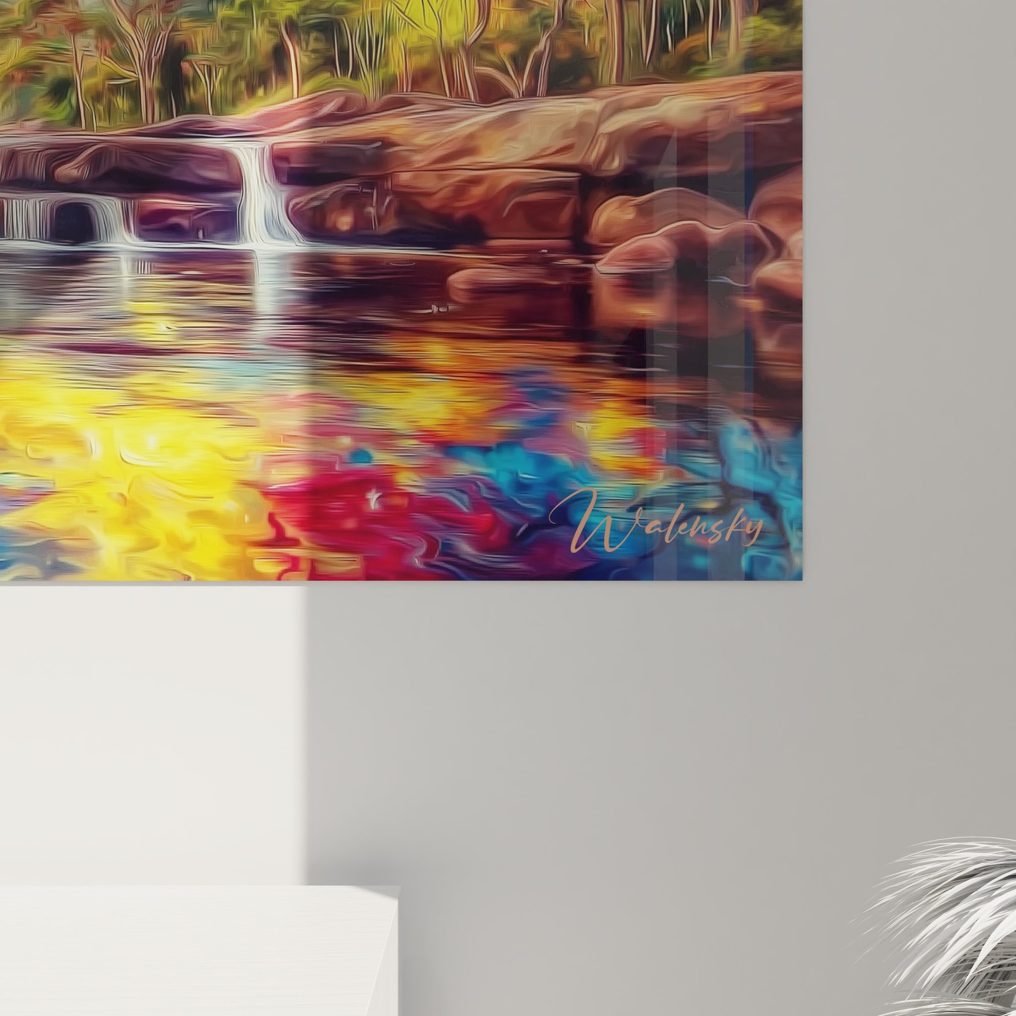 Vue d'ensemble tableau mural cascade Angel Falls avec cadre élégant sur fond blanc