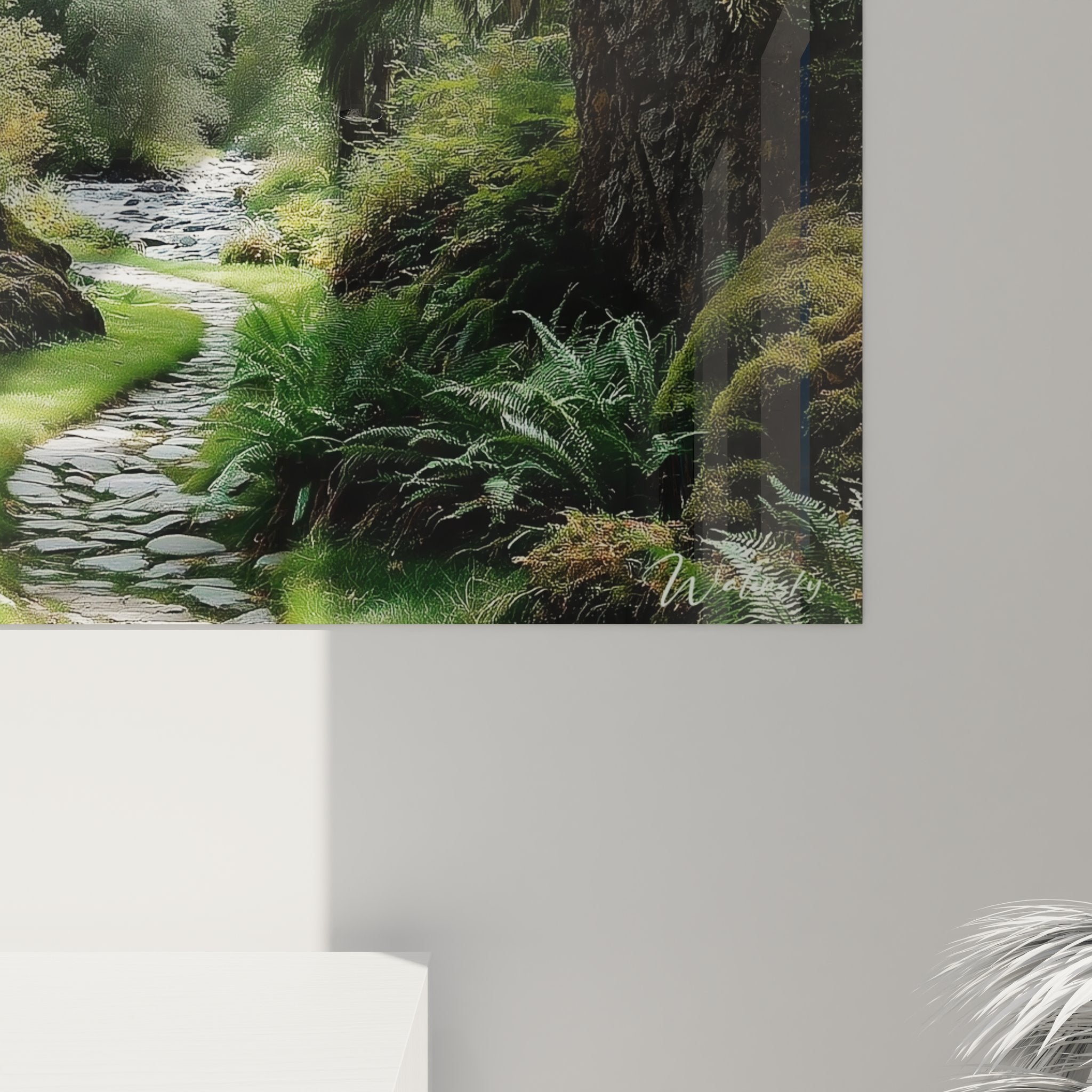 Vue ensemble tableau mural chemin forestier dans décoration intérieure moderne nature