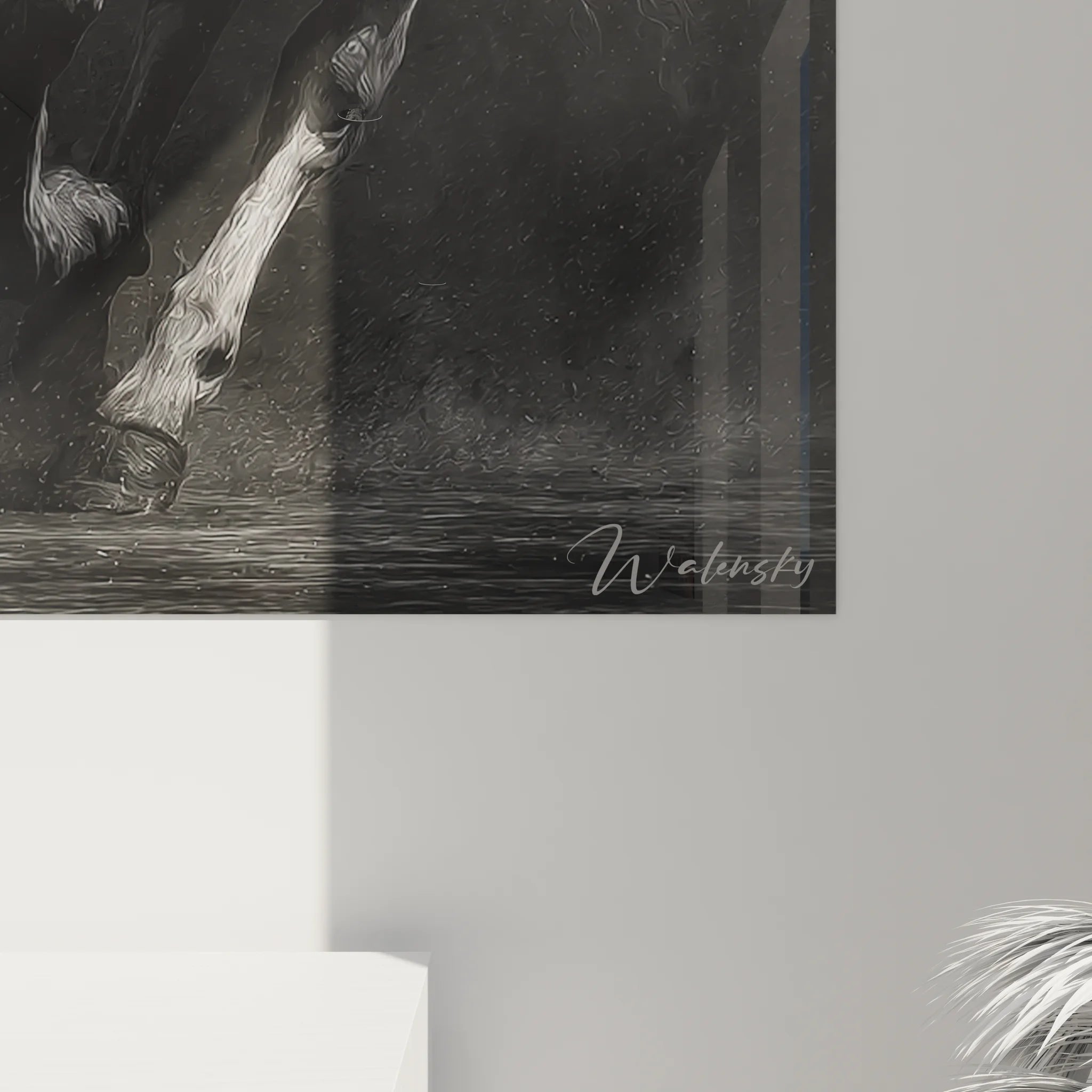 Vue ensemble tableau mural cheval noir et blanc, art équestre décoratif moderne