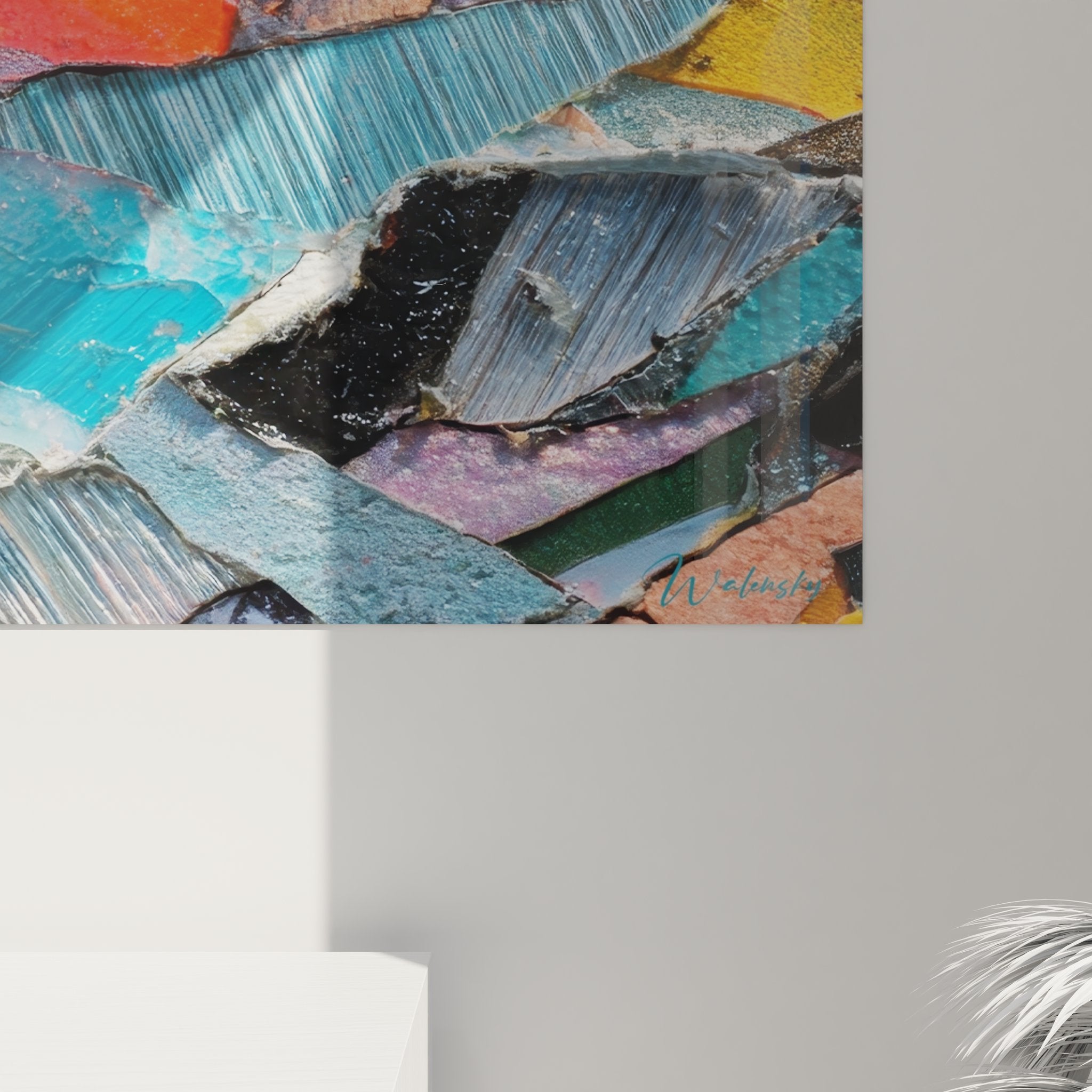Vue ensemble tableau mural collage fragments abstraits multicolores décoration art contemporain