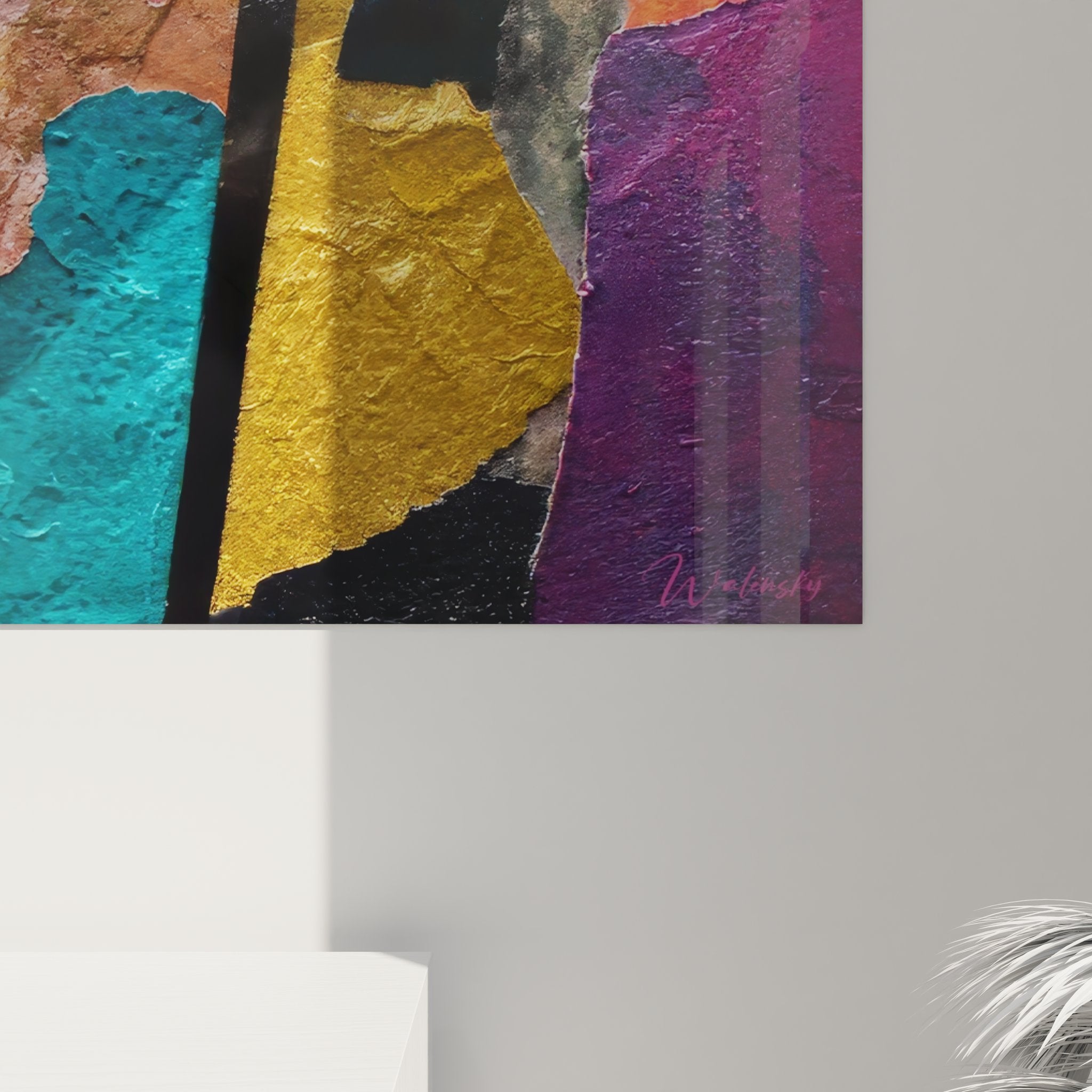 Vue ensemble tableau mural collage abstrait multicolore décoration moderne art contemporain coloré