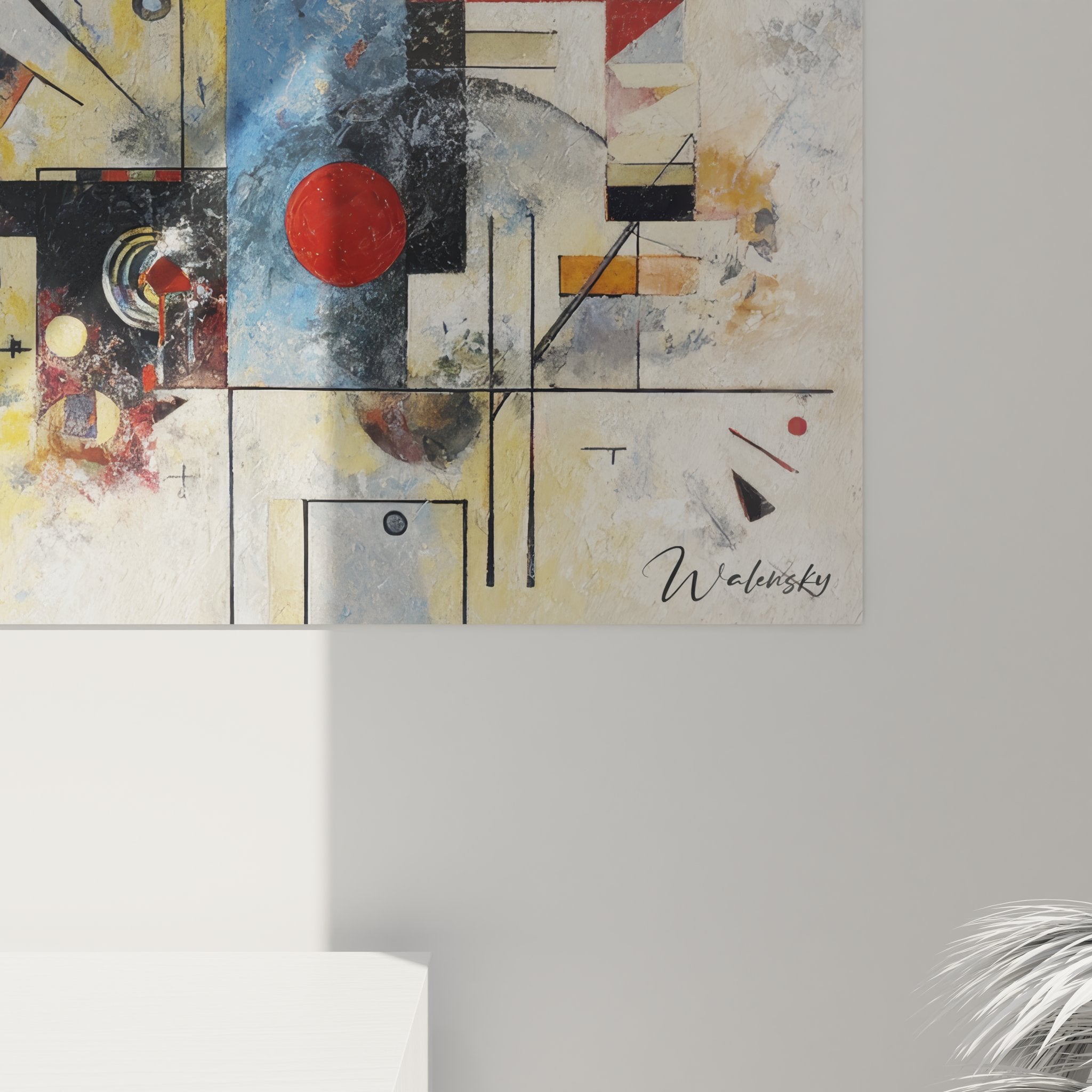 Vue d'ensemble tableau mural abstrait géométrique avec composition colorée et formes dynamiques panoramiques