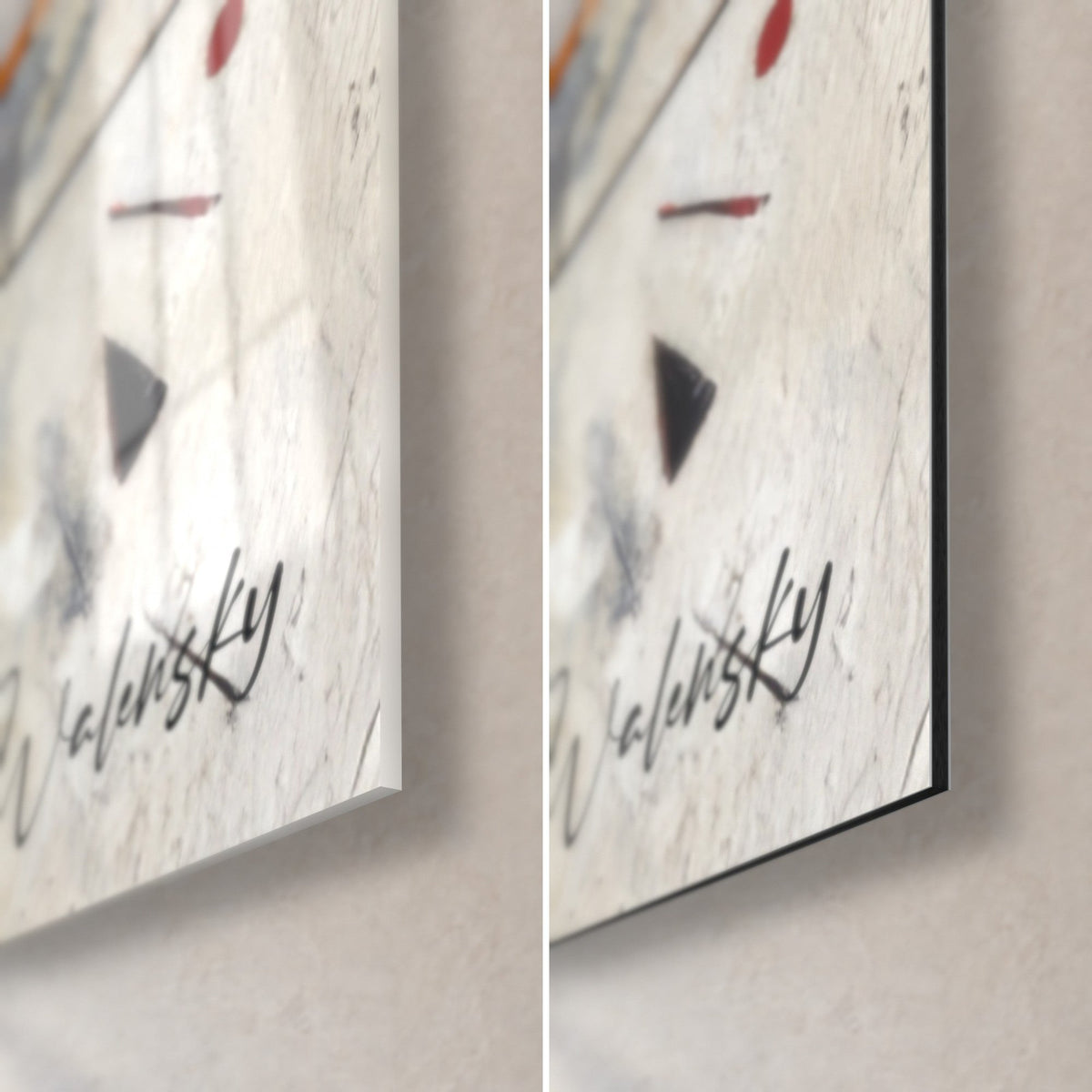 Abstract kunstschilderij, zwarte Walensky-signatuur rechtsonder, glanzend acrylglas en mat Dibond-aluminium, dikte 3 mm