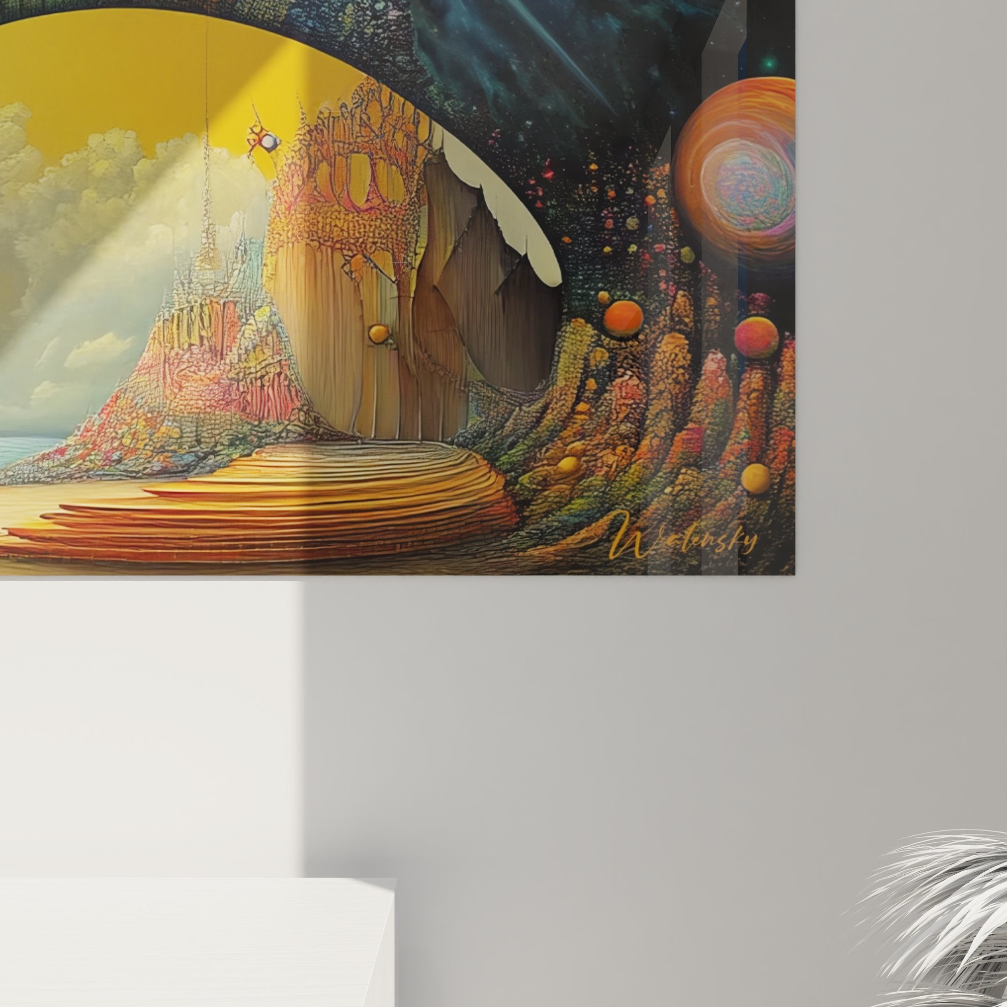 Vue ensemble tableau mural cosmos mystique surréaliste dans intérieur moderne contemporain