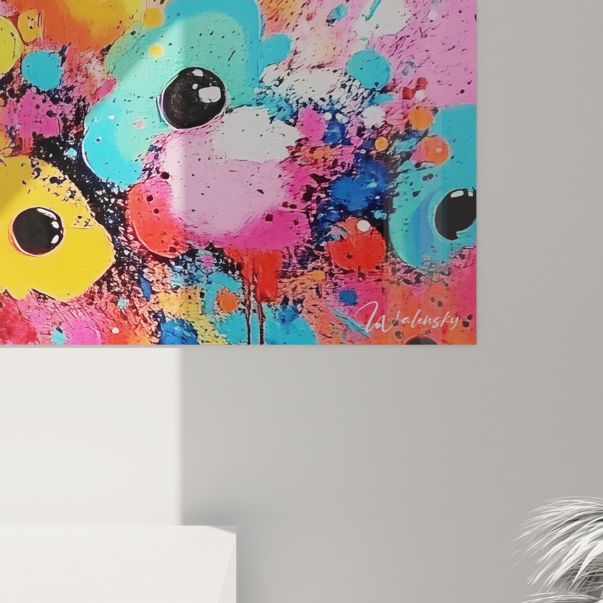 Vue ensemble tableau mural créatures colorées art abstrait contemporain décoration murale originale multicolore