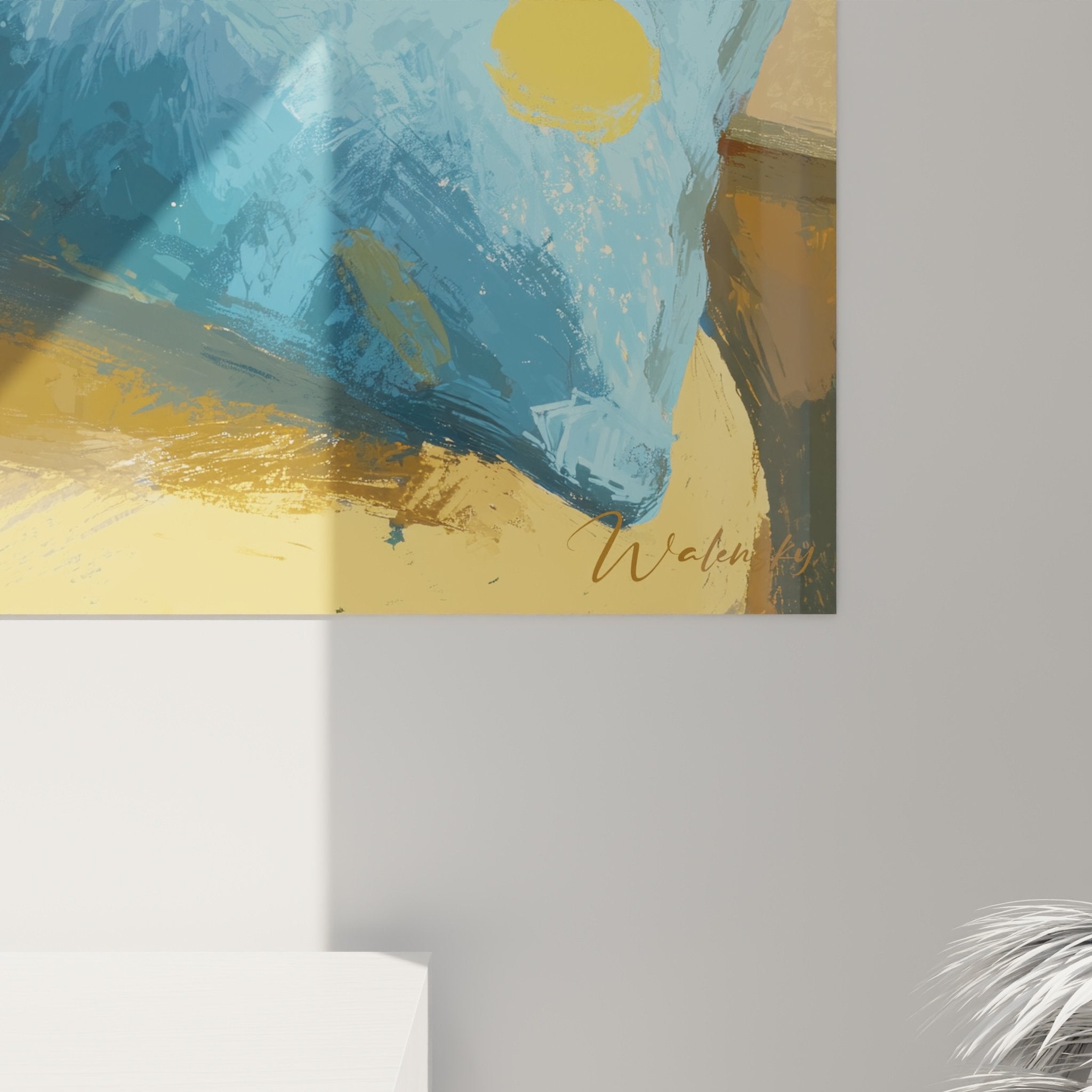 Übersicht Wandbild Dalmatiner auf Kissen, Farbpalette Blau Gelb Ocker, Wohnzimmerdeko