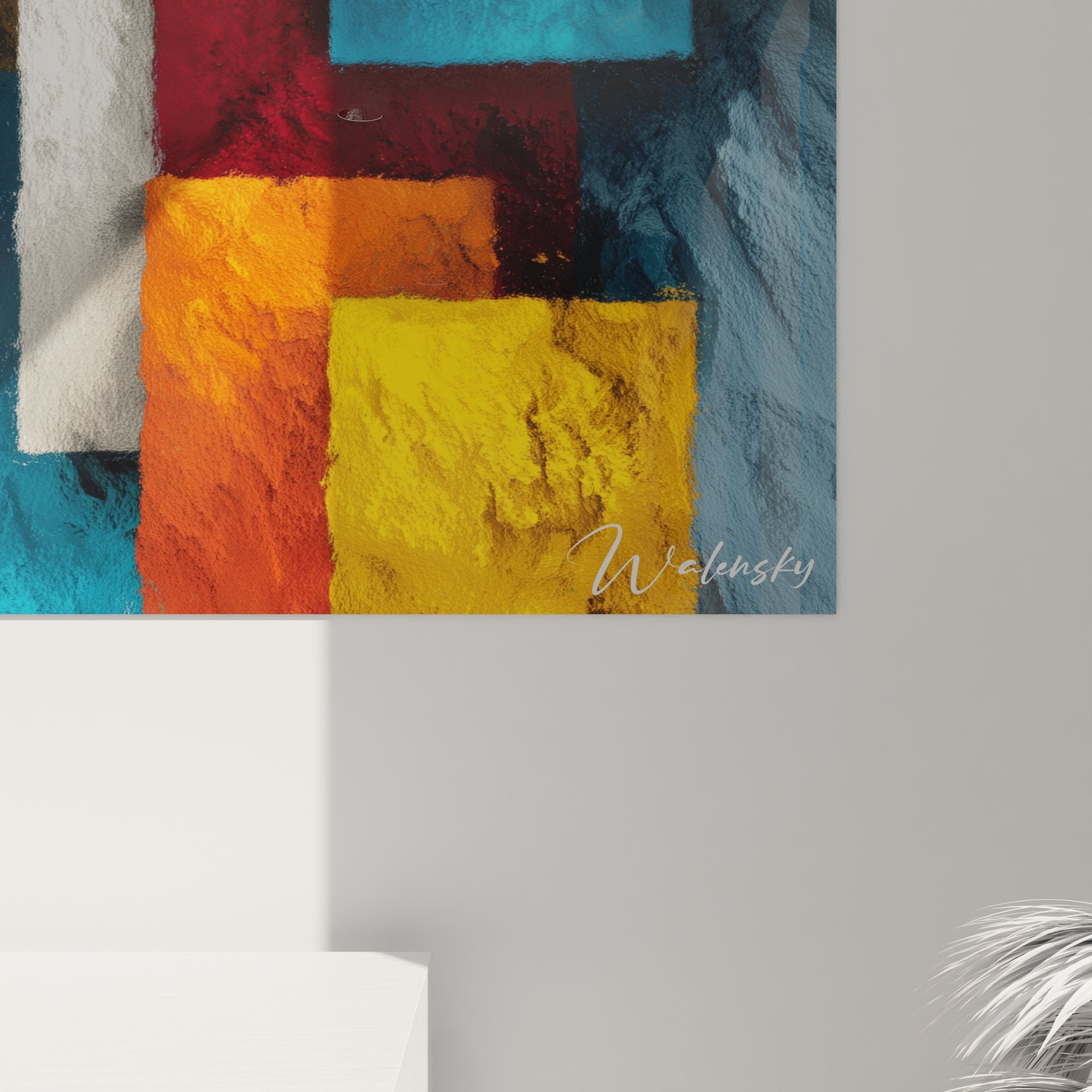 Vue ensemble tableau mural désert abstrait géométrique aux tons chauds et froids contrastés